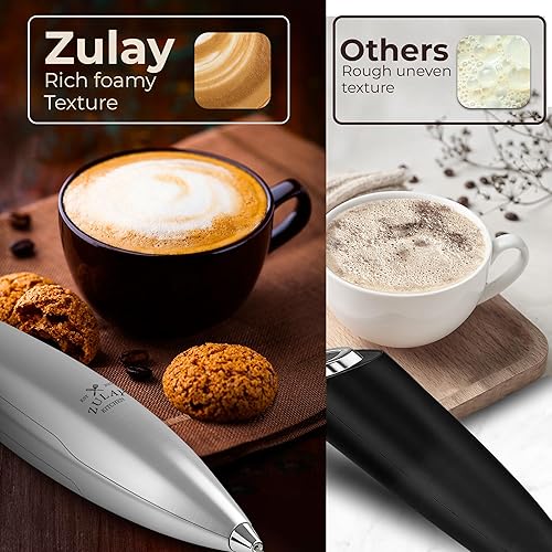 Vista 603 de Zulay Kitchen - Espumador de leche de mano con pilas AA Duracell: batidora de bebidas resistente para café, latte, capuchino y más, color aurora
