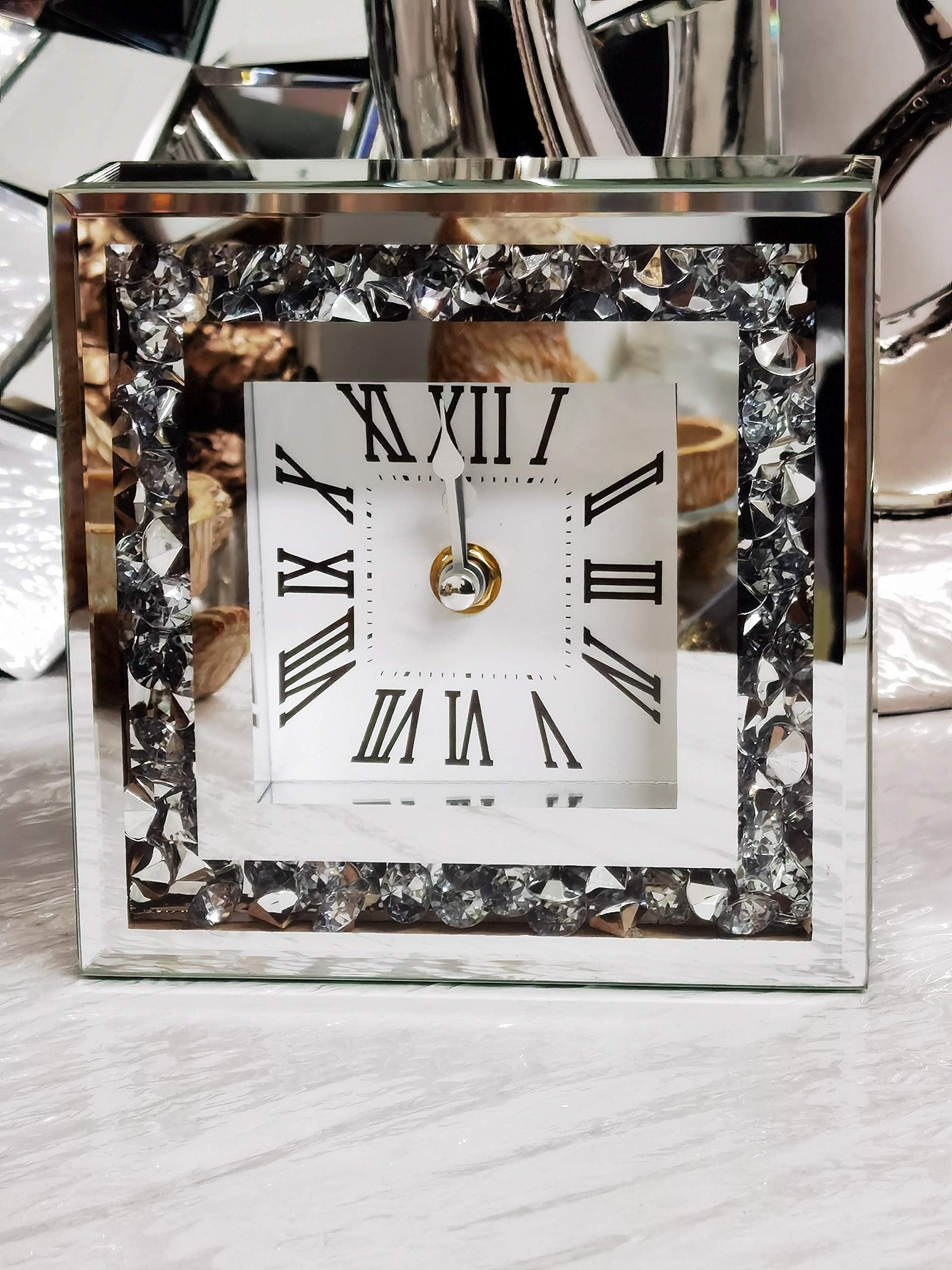 Loose Diamante Desk Clock Elegant Luxury Diamond Crystal Mirror Crushed Jewel Roman Table Clock Nearly Silent For Home Office Living Room Bedroom Decoration-15X15cm silver
