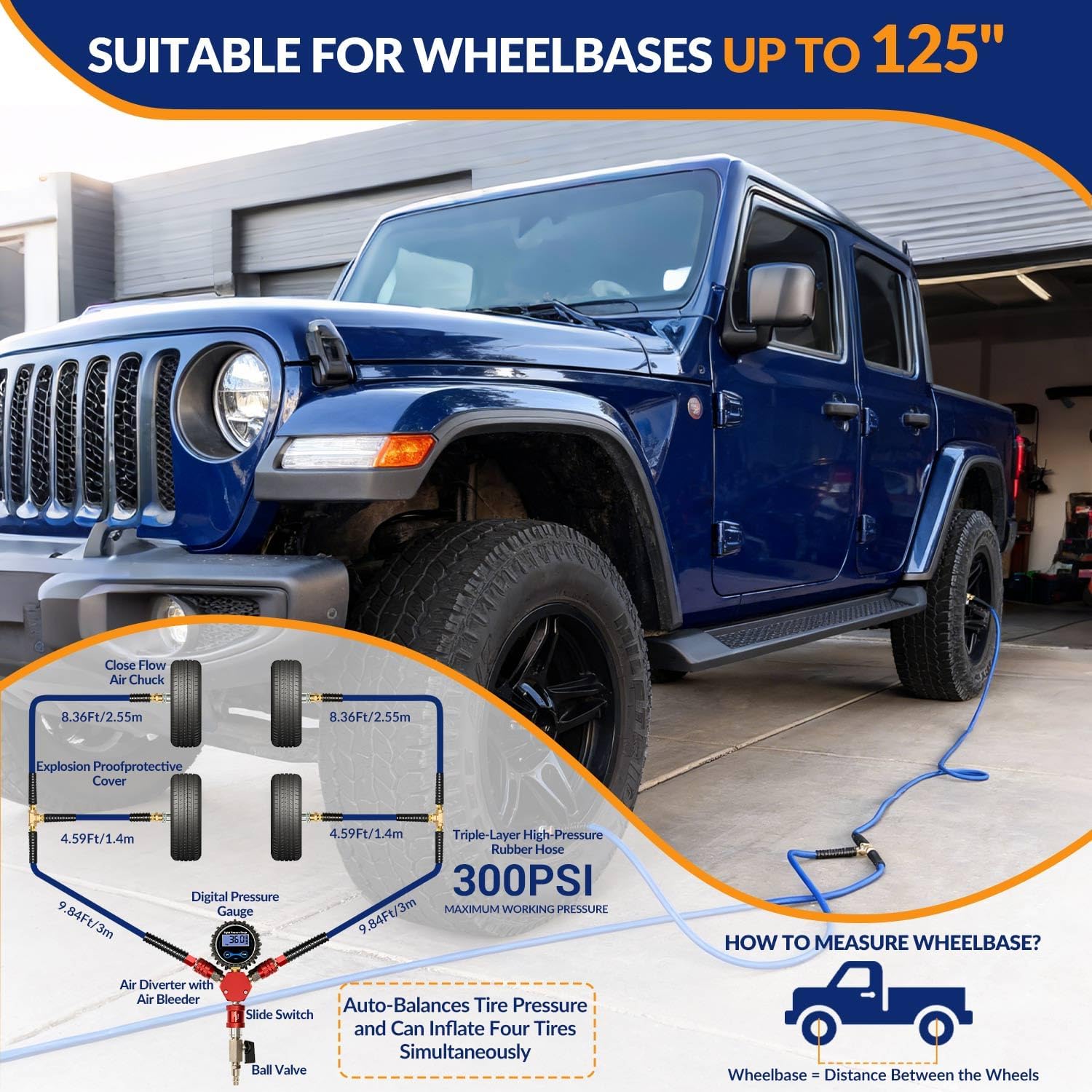 MILADO 4 Way Tire Inflator, 4 Tire Inflation Deflation System, 4 Tire Air Up Down System, Off Road Tire Inflator with Gauge, Air Down Tire Deflators Kit for Trucks Jeeps Fits Up to 125" Wheelbase