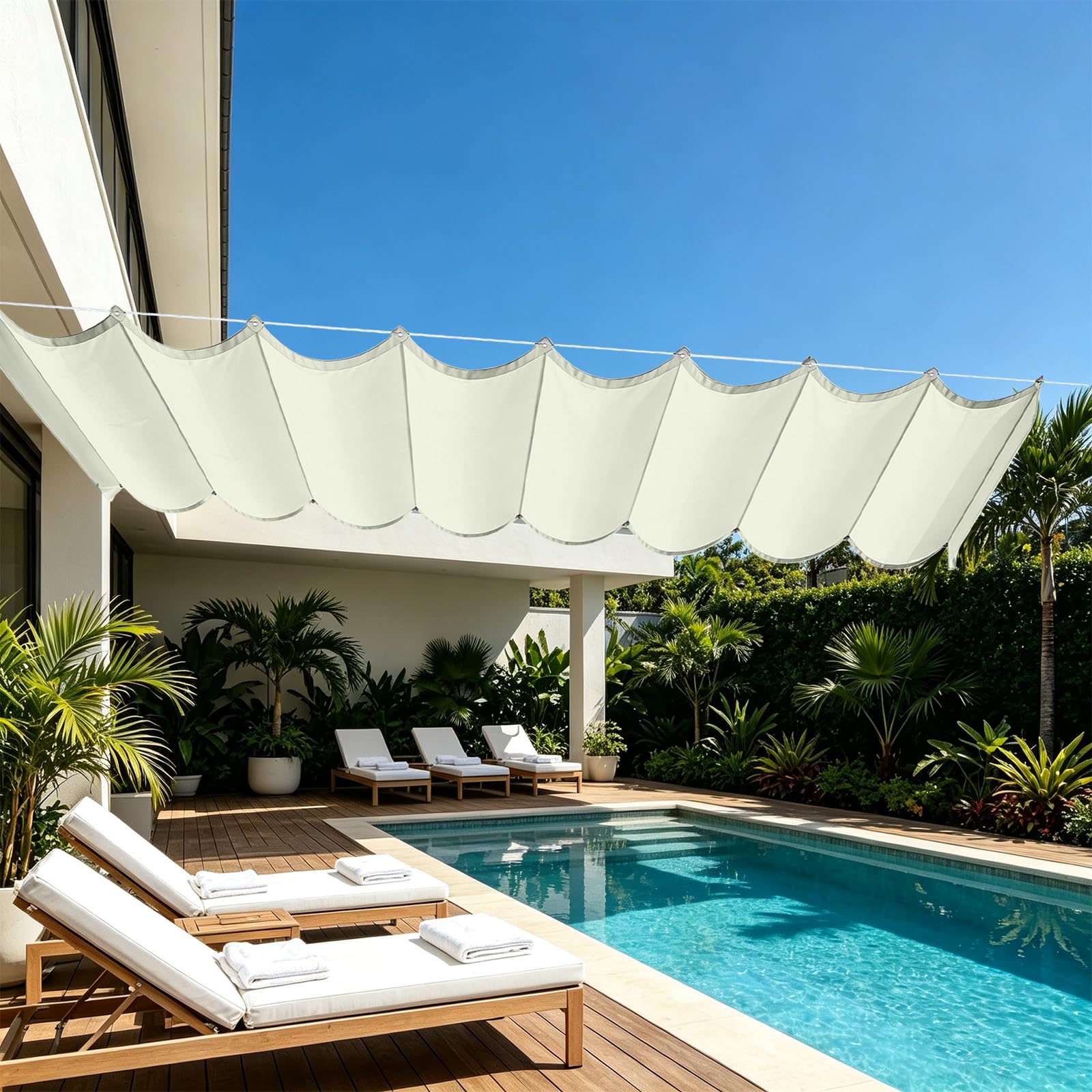 Wellenmarkise 1 x 6 m Wasserdicht, 98% Uv-Schutz, Sonnenschutz, PES Reißfest, Nach Maß, Verstellbar Welle Schattenabdeckung mit Zugseil & Ösen für Garten Terrasse, cremefarben