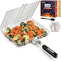 Cesto de grelha - Cestas de grelha para grelhar ao ar livre, cesta grande de aço inoxidável com alça removível, grelha portátil para grelhar peixes para churrasqueira, ideal para carne, peixe