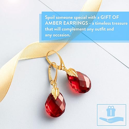 Miniatura 4 de Amber by Mazukna - Pendientes de ámbar natural para mujer - Cierre de plata chapada en oro 925, ámbar pulido brillante, piedra semipreciosa natural