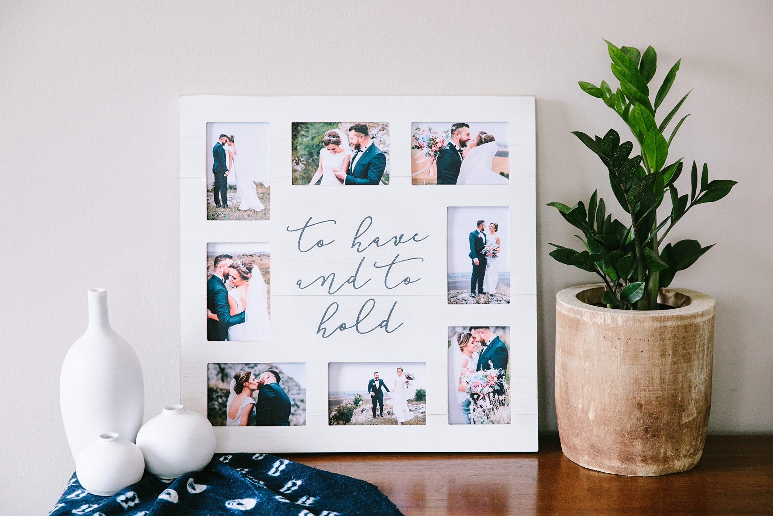 Pearhead Wedding Shiplap Collage Frame, To Have and to Hold Newlywed Gift, Rustic Home Decor, Large, Distressed White