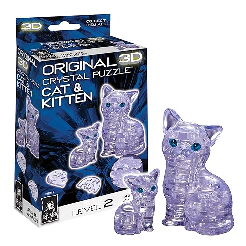 Bepuzzled Original 3D Crystal Puzzle - Cat & Kitten, Clear - Fun yet challenging brain teaser that will test your skills and imagination, For Ages 12+