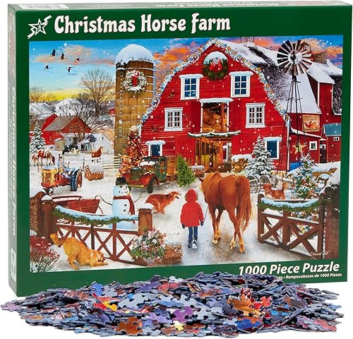 Miniatura 4 de Vermont Christmas Company Rompecabezas "Christmas Horse Farm" de 1000 piezas, piezas totalmente entrelazadas y de forma aleatoria, 26 5/8 pulgadas x