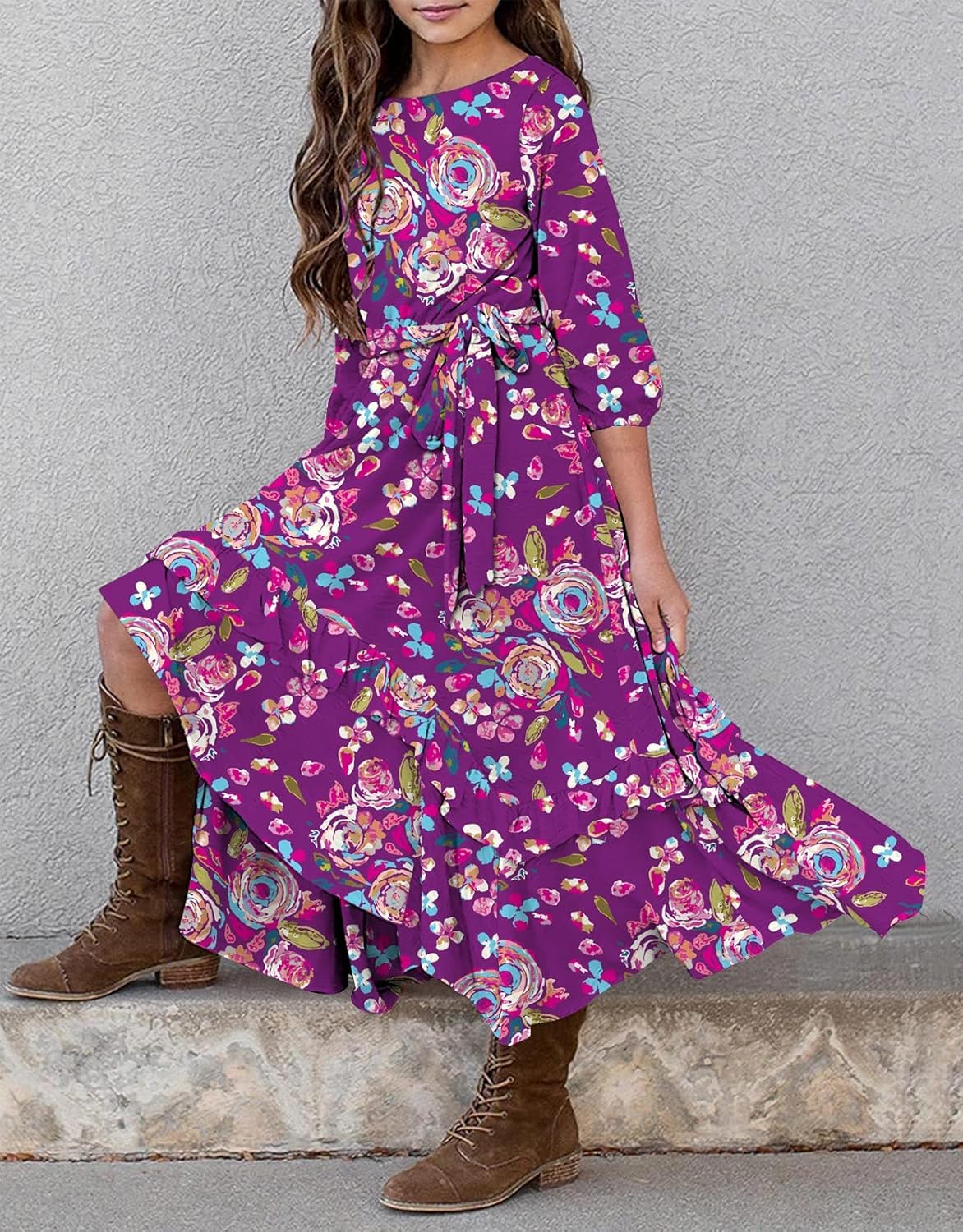 KYMIDY Girls Floral Maxi Dress Kids 3/4 Sleeve Boho Casual Pocket Ruffle Swing Dresses with Belt for Girls 6-12 Years - Image 4