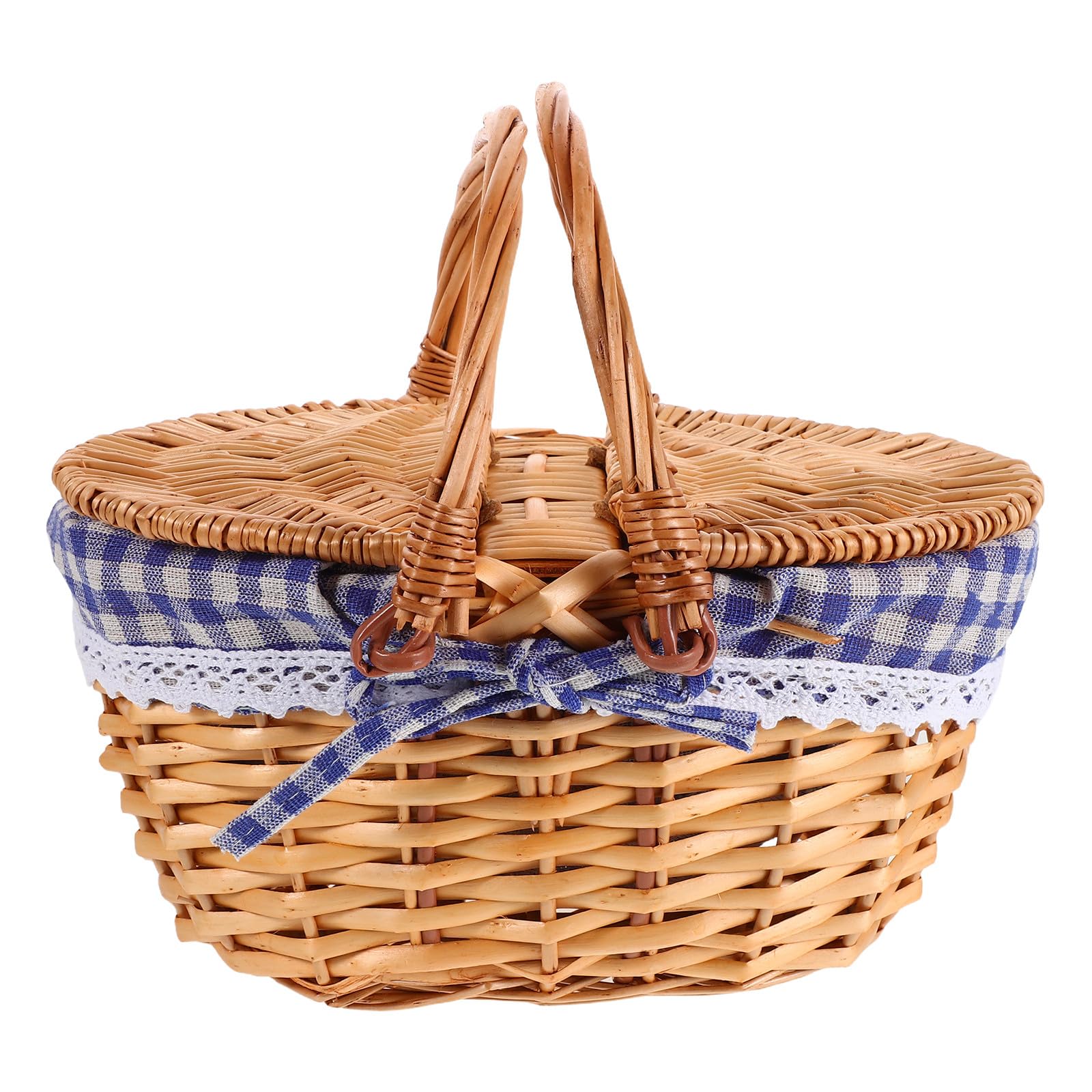 UKCOCO Wicker Picnic Basket with Lid & Folding Handles - Empty Hamper Basket with Washable Blue Gingham Liner - Traditional Willow Woven for Summer Park, Easter Egg Hunt & DIY Gift