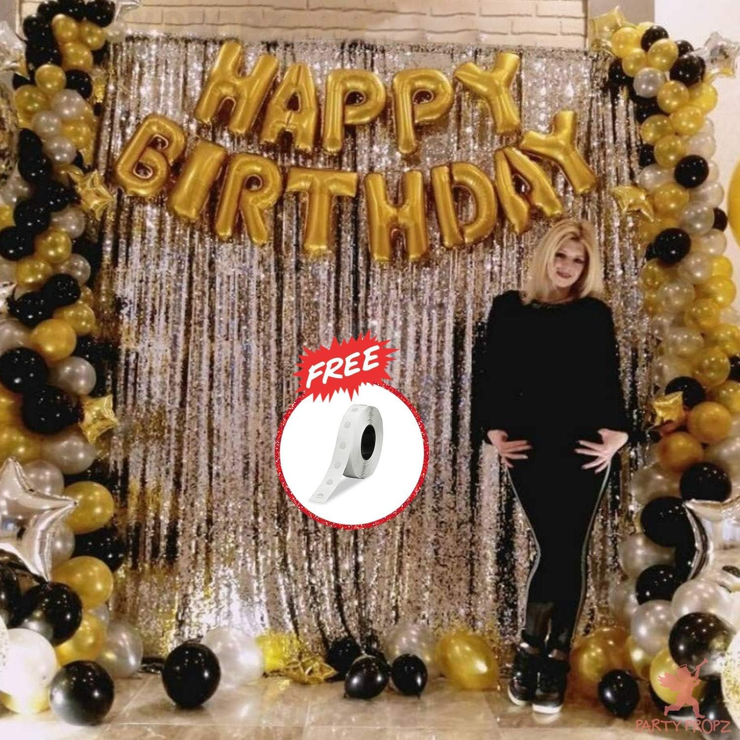 Party Propz 65Pcs Golden, Silver and Black Balloon Birthday Decorations Items Combo for Kids,Adult Birthday