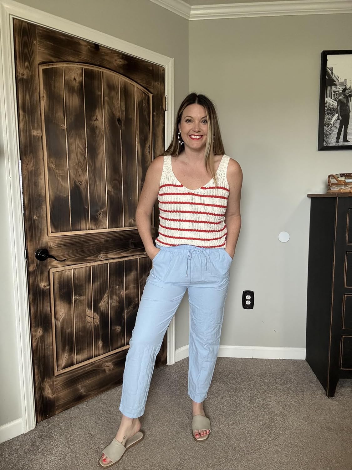 Puimentiua Women Linen Pants Lightweight Pants with Lace Side Summer Casual Beach Drawstring Elastic Waist Trousers - Image 7