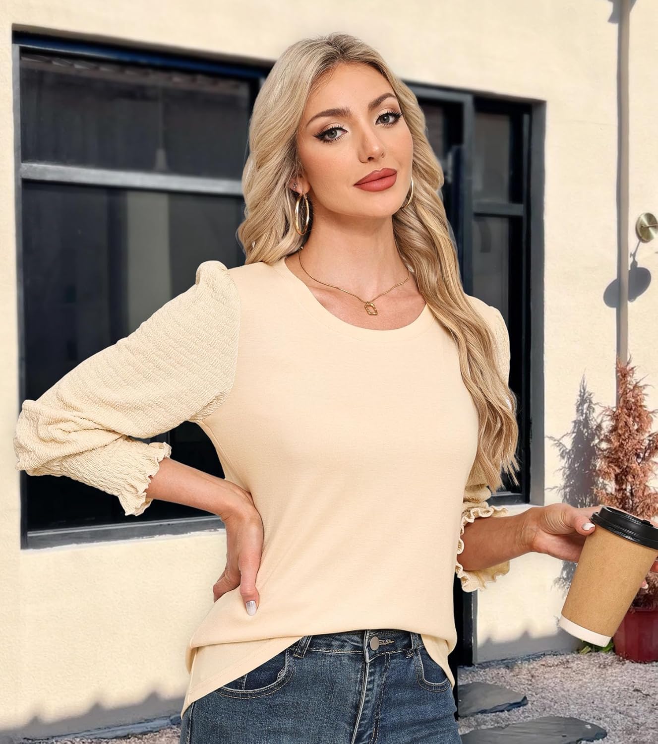 Blouses for Women Casual Puff Long Sleeve Shirts Fall Crew Neck Knit Textured Tunic Tops with Smocked Cuffs - Image 6