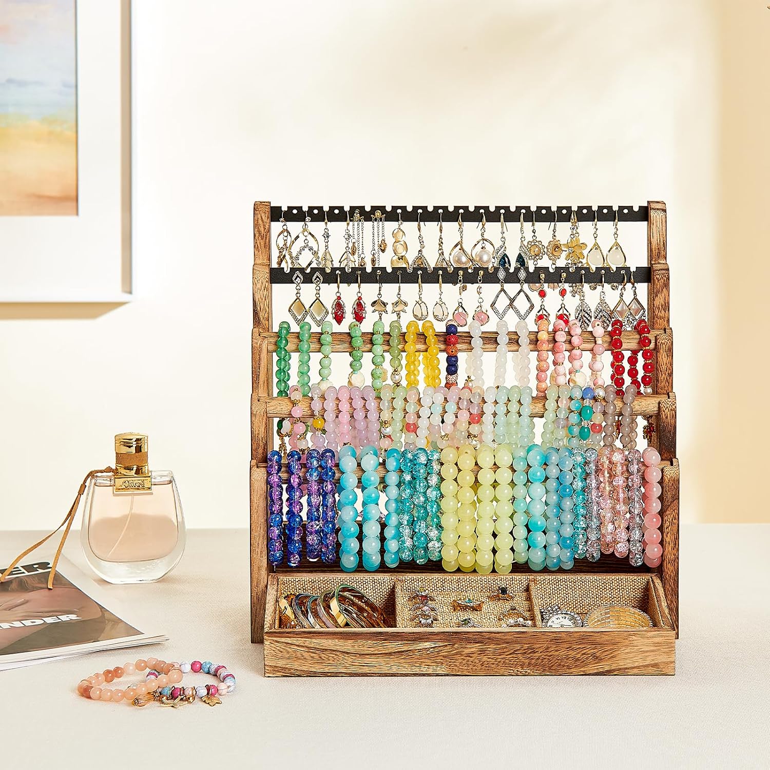 Pinzoveco Bracelet Holder, 3 Tier Rustic Bracelet Holder Display with 2 Tier Earring Organizer, 5 Tier Wooden Jewelry Display for Vendors, Home and Store