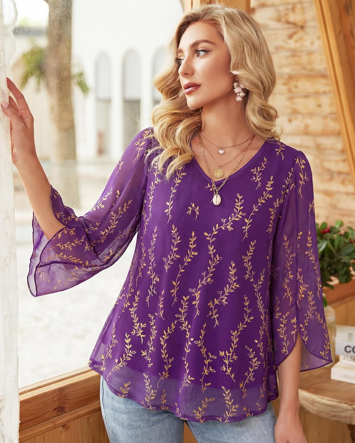 Bebonnie Womens Ruffle 3/4 Sleeve V Neck Double Layers Mesh Blouses Loose Fit Flowy Tunic Tops