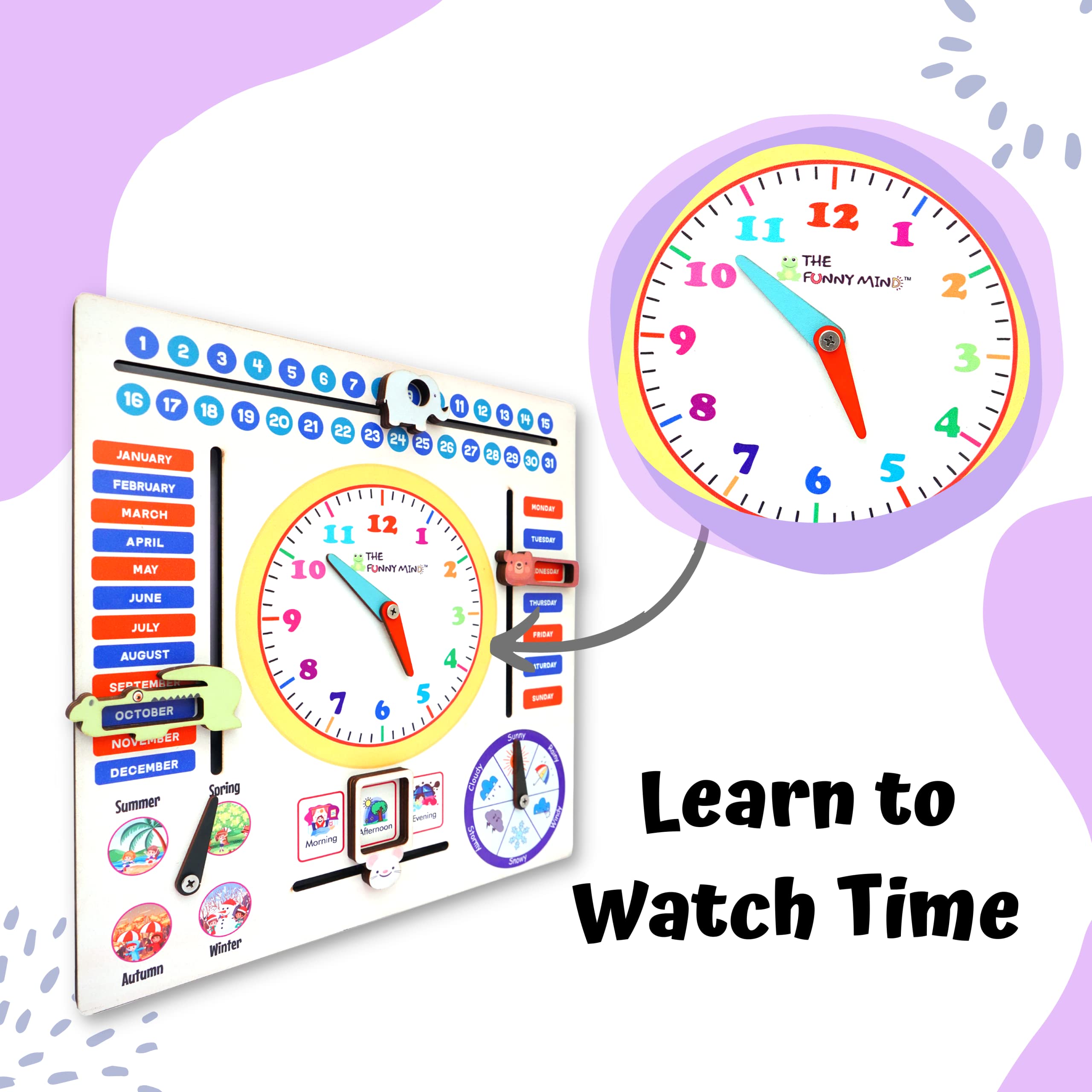 The Funny Mind 7 Activities Teaching Clock with Weather, Days, Months, Dates, Greetings, and Seasons Board Wooden Toy Game for Kids, Toddlers, and Babies | Preschool Educational Toy 36 X 36 Cm - Image 2 thumbnail