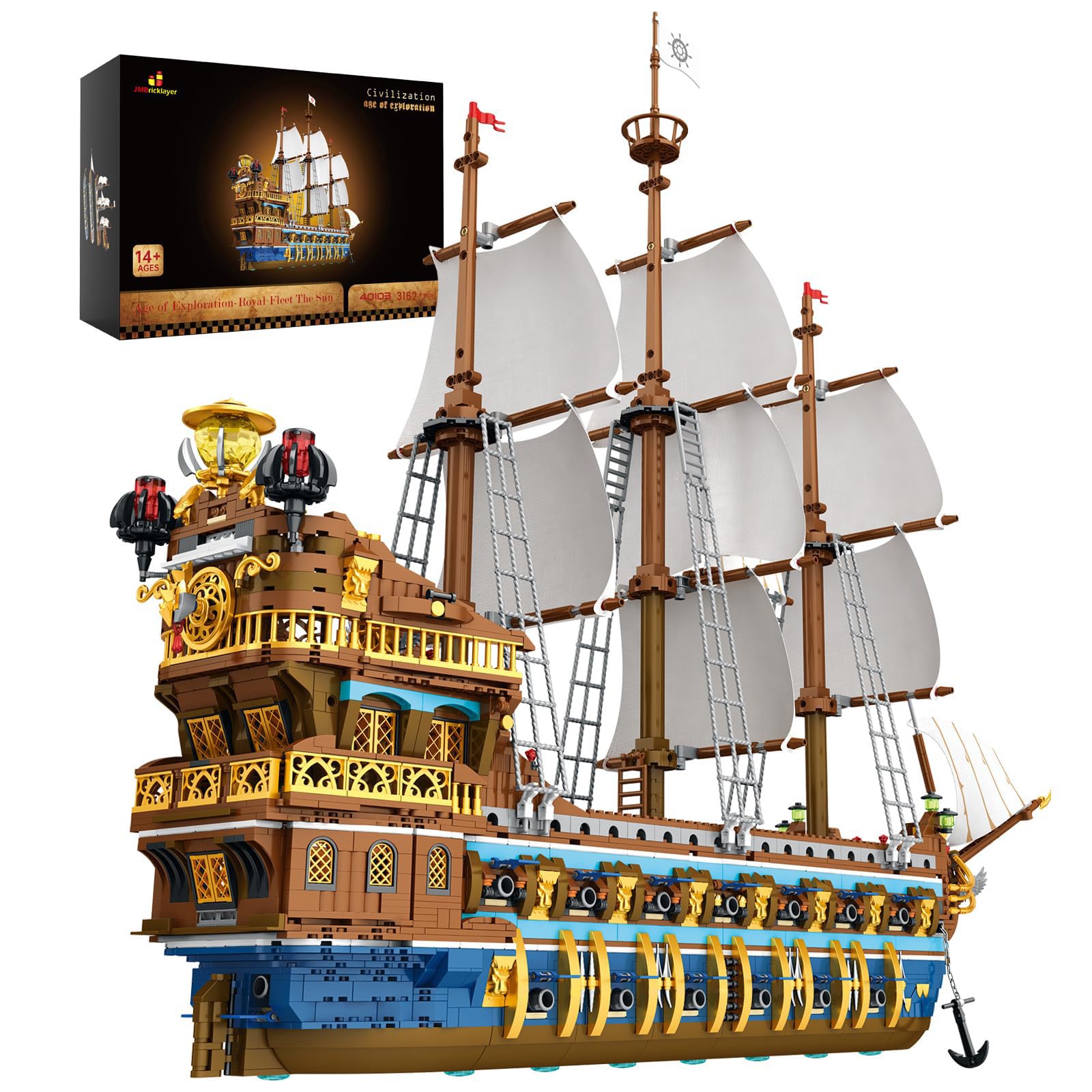 JMBricklayer Set di blocchi da costruzione di navi pirata, splendido modello della flotta reale con design a più livelli, 40103 kit di giocattoli a vela, regali per adulti, ragazzi e bambini dai 14