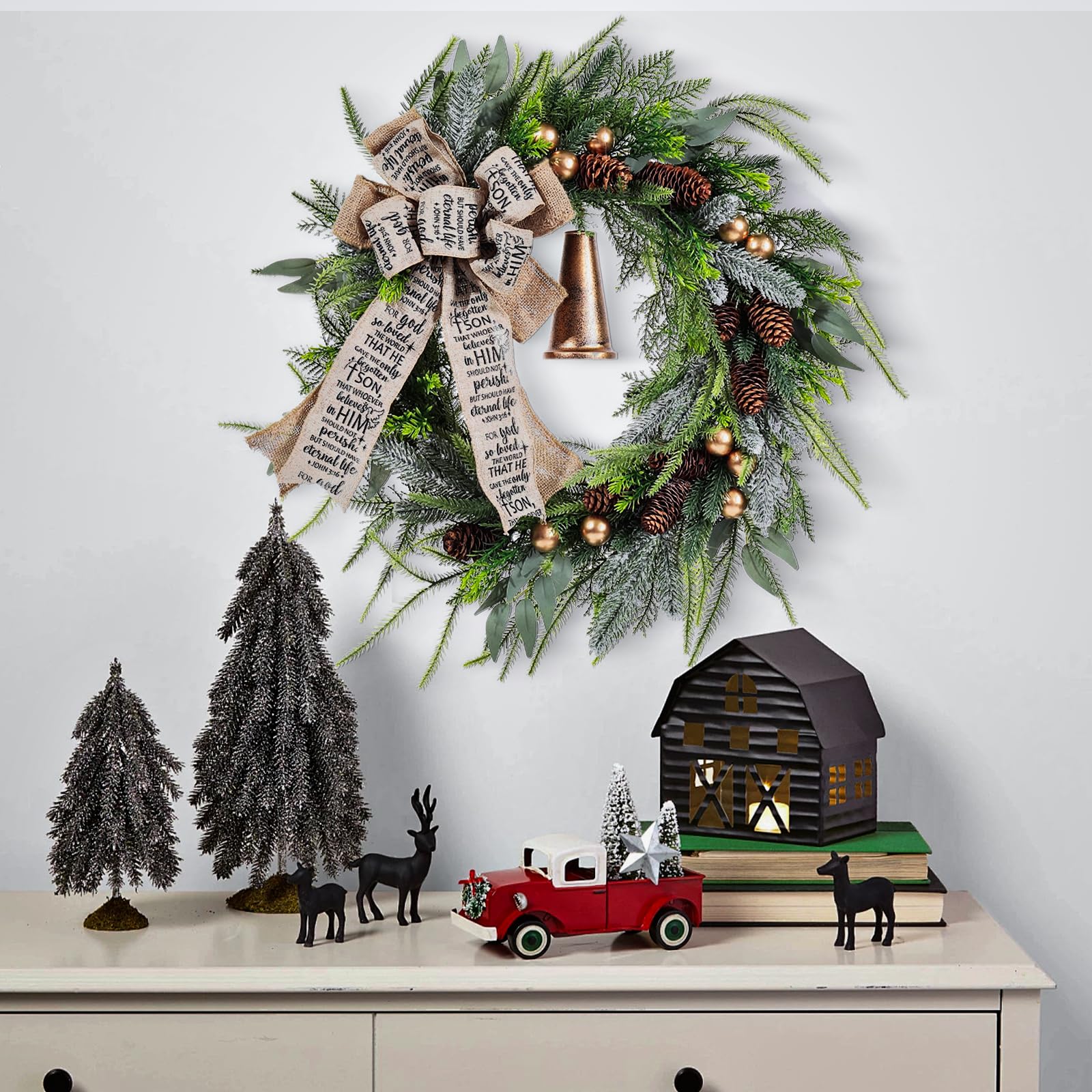 Corona para puerta de Navidad, 45 cm, decoración navideña para puerta de casa con campanas, corona de Navidad artificial, decoración para interior y exterior