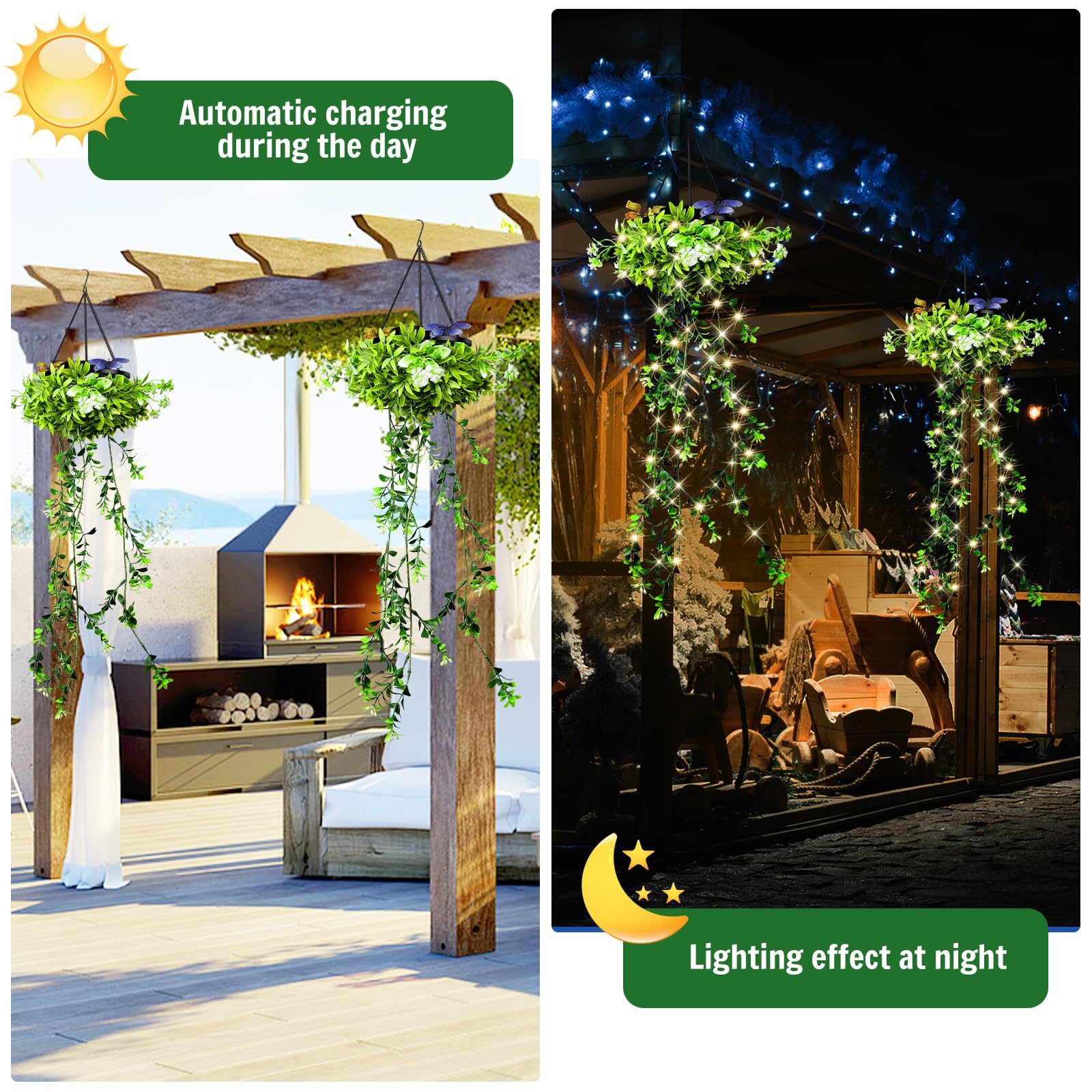 Plantas Artificiales Decorativas Luz Solar, Paquete de 2 Plantas Artificiales Colgantes Farolillos Solares Exteriores Estancos IP65 , Regalos para Mujer para Navidad, San Valentín, Bodas