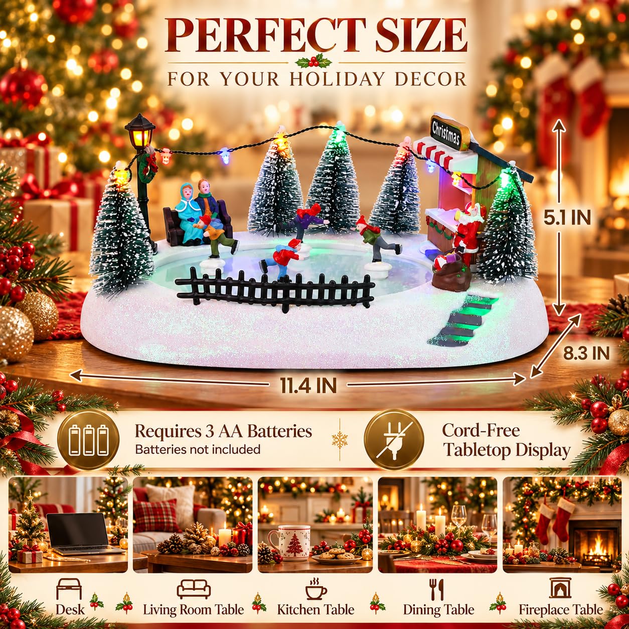 MEETYAMOR Weihnachtsdorfhaus, animierter Eislaufteich mit 4 beweglichen Skatern Schneeszene, beleuchtete Weihnachtslaufbahn für Zuhause, Innenbereich, Tischsims, musikalische Sammlergebäude, Dekor