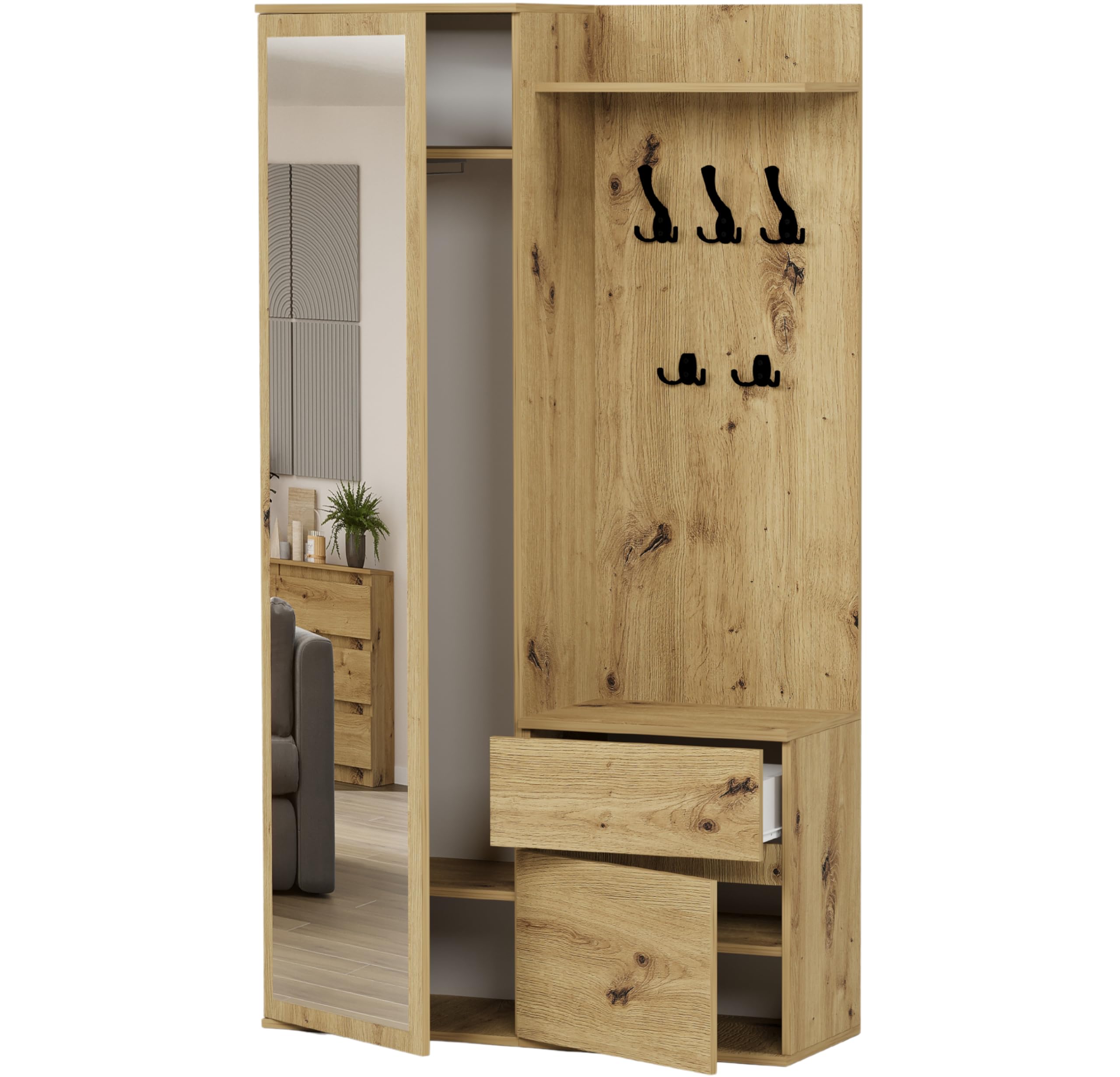 Flurgarderoben-Set Artisan Eiche 100 cm 3-teilig Schrank mit Spiegel Garderobenpaneel mit Ablage Schuhschrank mit Schublade Modern V-5