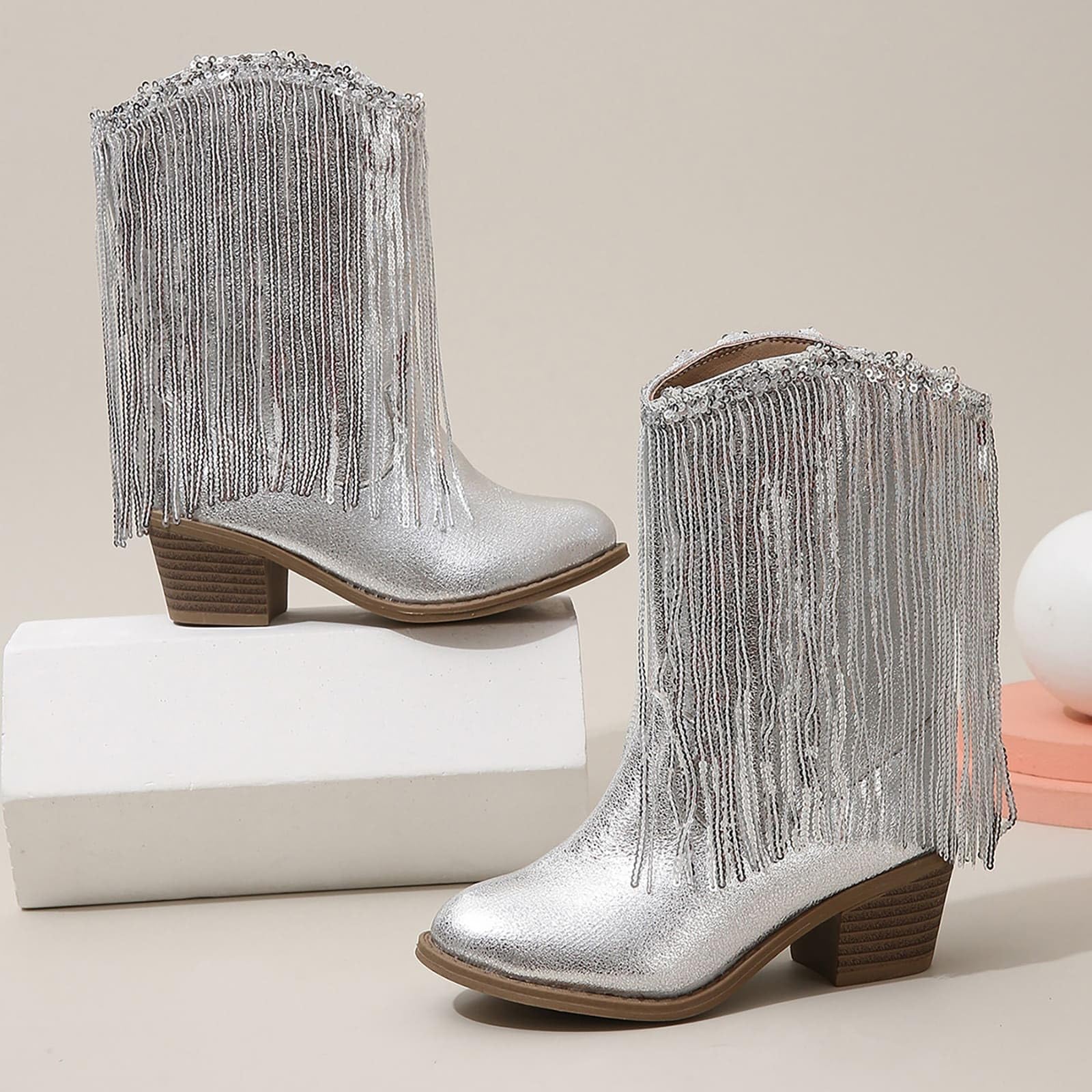Botas Vaqueras Occidentales De Cuero De Color Sólido para Niñas Botas con Borlas Informales para Otoño E Invierno