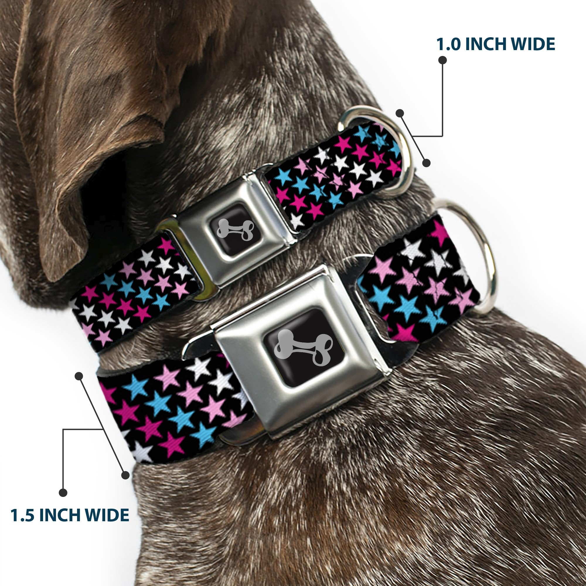 Buckle-Down DC-W31312-WS - Cinturón de Seguridad para Perro, tamaño pequeño, diseño de Estrellas, Color Negro, Rosa, Azul y Blanco