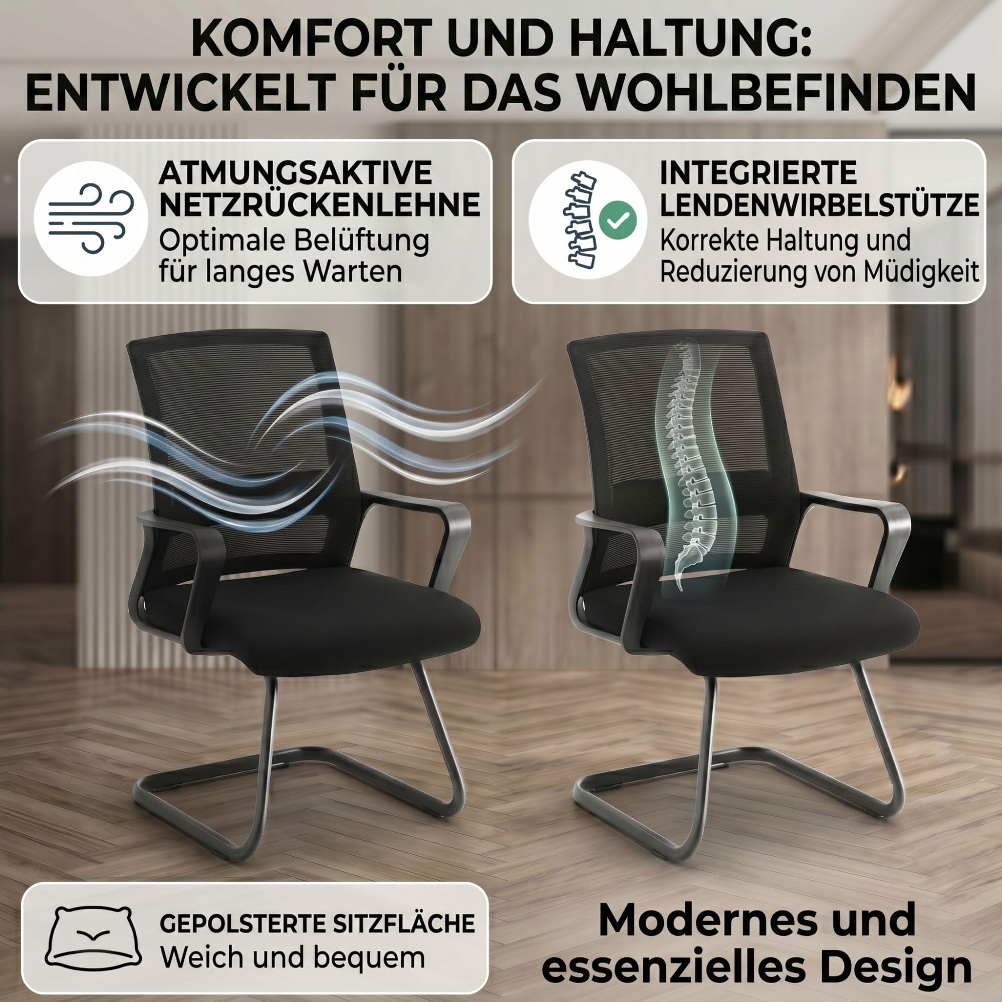 ZIK - 2 Besucherstuhl mit Armlehne Bequeme und Atmungsaktive, Besucher- & Konferenzstühle Perfekt für den Empfang von Gästen und Kunden, für Besprechungsräume, Wartezimmerstühle für Büros