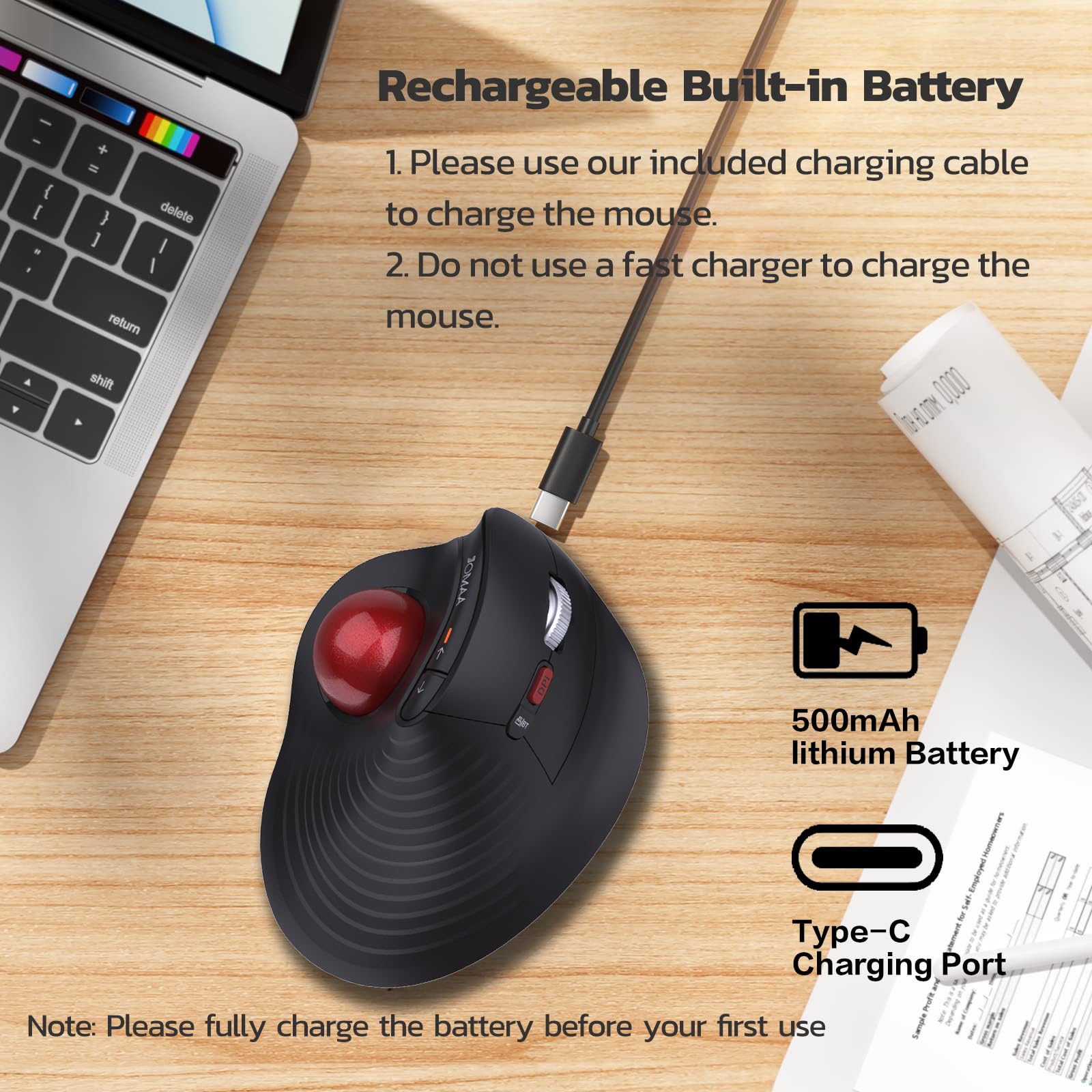 JOMAA Mouse wireless con trackball verticale, design ergonomico, commutazione a 3 dispositivi, 2,4 G/Bluetooth 5.0, ricaricabile di tipo C, DPI regolabile, compatibile con Windows/macOS/iOS/Android