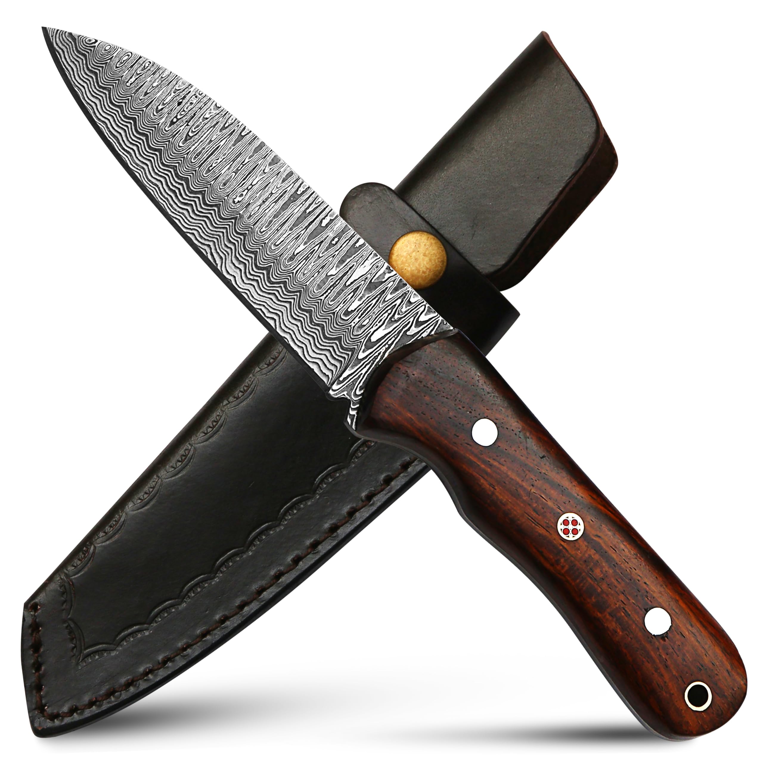 Handmade Damascus Steel Full Tang Bushcraft Knife - Hunting Knife, Survival Knife, Fixed Blade Knife & Camping Knife - Camping Knives & Hunting Knives with Rosewood Handle & leather Sheath