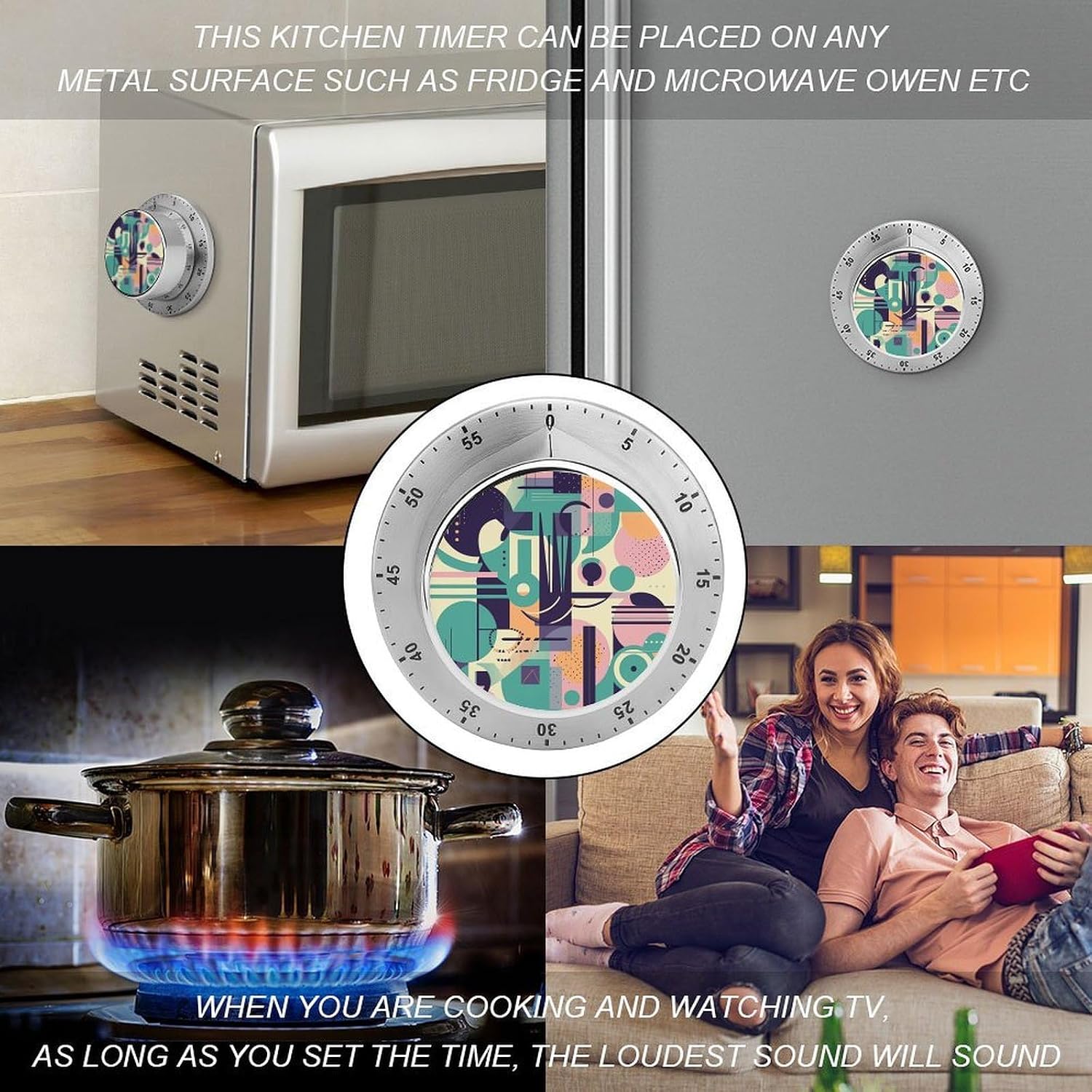 Pastel Colorful Pattern Stainless Steel Timer, Kitchen Timer with Magnetic Base, Countdown Timers for Gym, Office, Cooking, Baking, Jogging