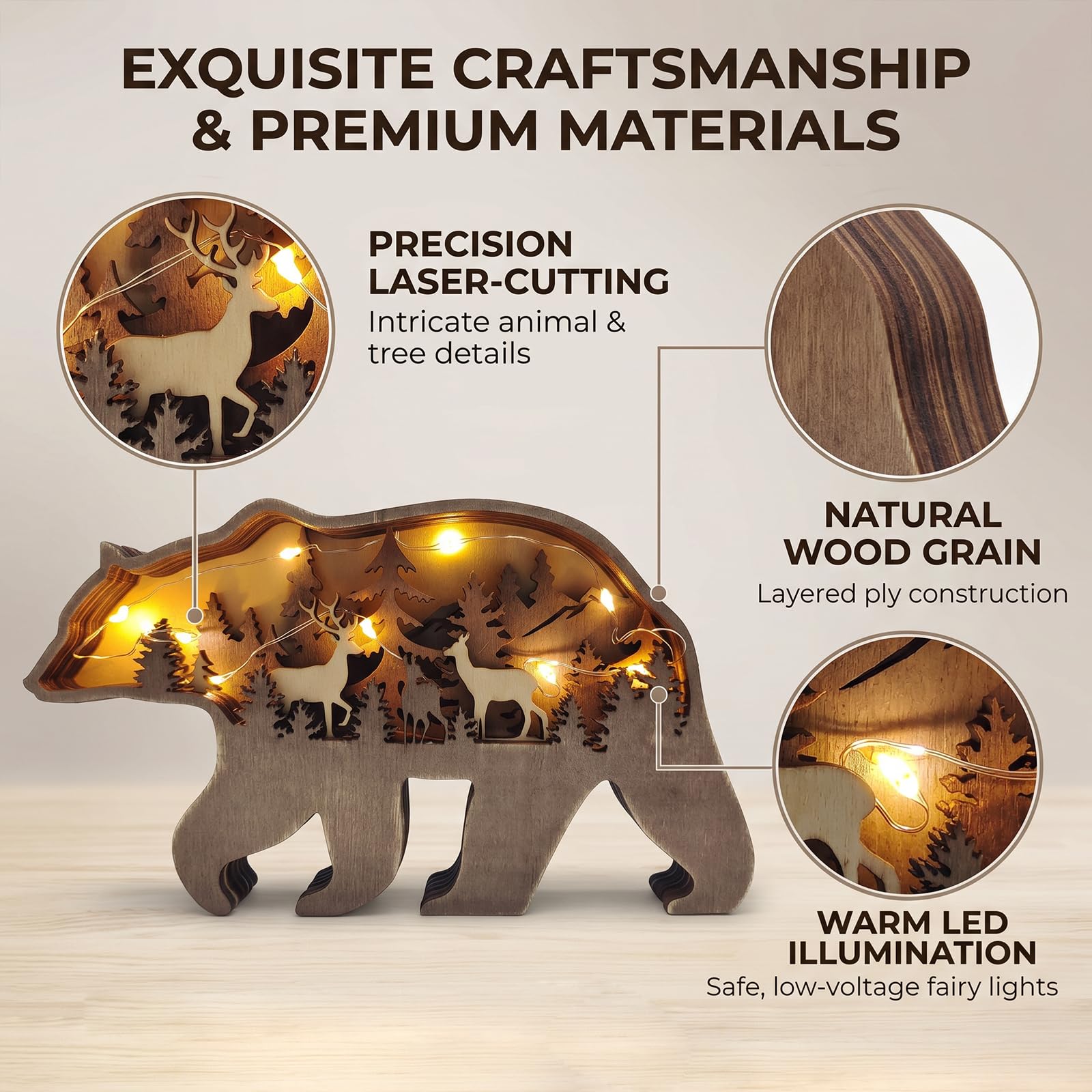 Drawelry Lámpara 3D de madera tallada en forma de animales - Decoración de interior - Oso lindo - Familia de elefantes - Idea de regalo para Navidad, salón, oficina - Luz nocturna LED cálida - Regalo