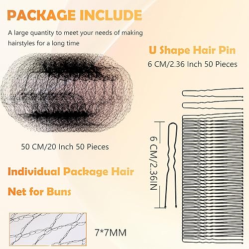 Miniatura 4 de Restoo - Juego de 50 redes invisibles para el cabello y 50 horquillas en forma de U, paquete individual de 20 pulgadas, redes de malla con borde