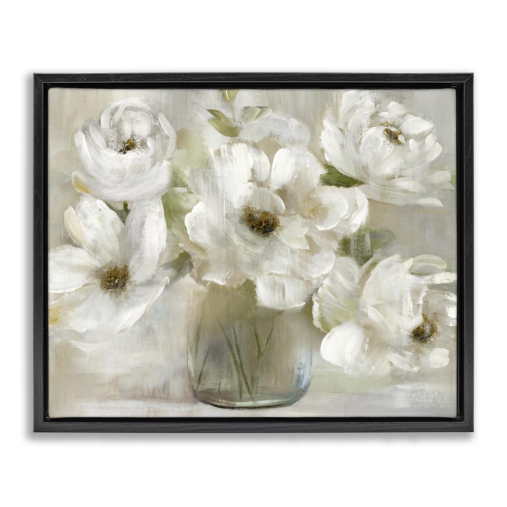 Stupell Industries Jet Black (Matte) Gentle White Petals Vase Floral, 24 X 30 Inch Canvas In Floater Frame