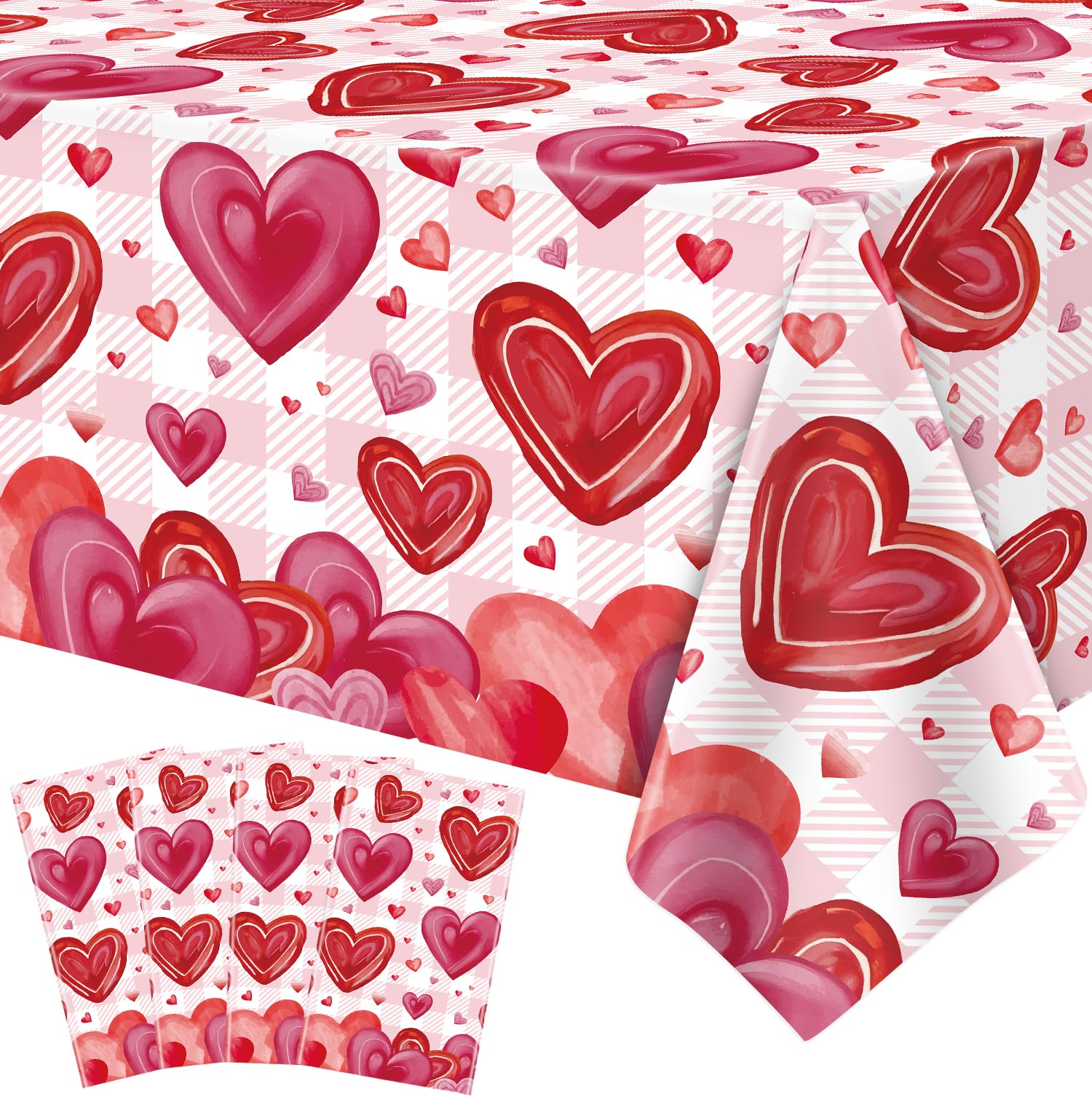 LWYGEGJO Paquete de 4 manteles rectangulares para el día de San Valentín, diseño de corazón y amor, 51 x 86 pulgadas, impermeable, suministros para fiestas del día de San Valentín, decoración del día
