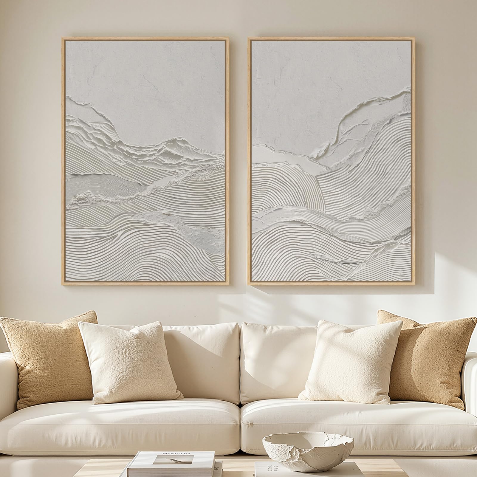 Photo 1 of Large Framed White Abstract Wall Art Set of 2 for Living Room, Neutral Minimalist Modern Print Canvas Artwork for Walls, Contemporary Abstract 2D Wall Decor for Bedroom Office Hallway, 24x36 In