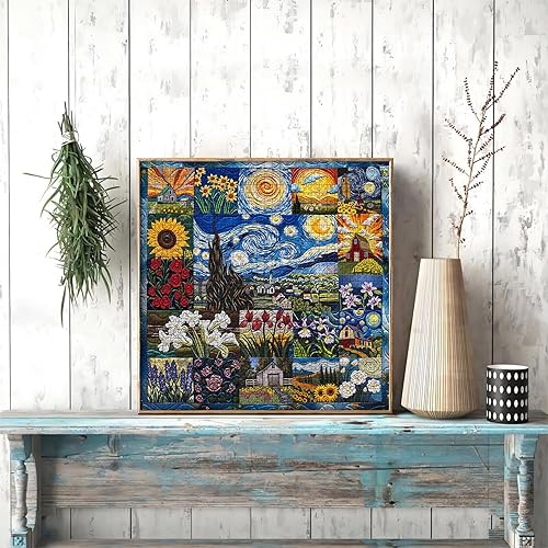 Miniatura 8 de PICKFORU Van Gogh's Rhapsody - Rompecabezas para adultos de 1000 piezas, rompecabezas artísticos de flores de noche estrellada, temática de pintura