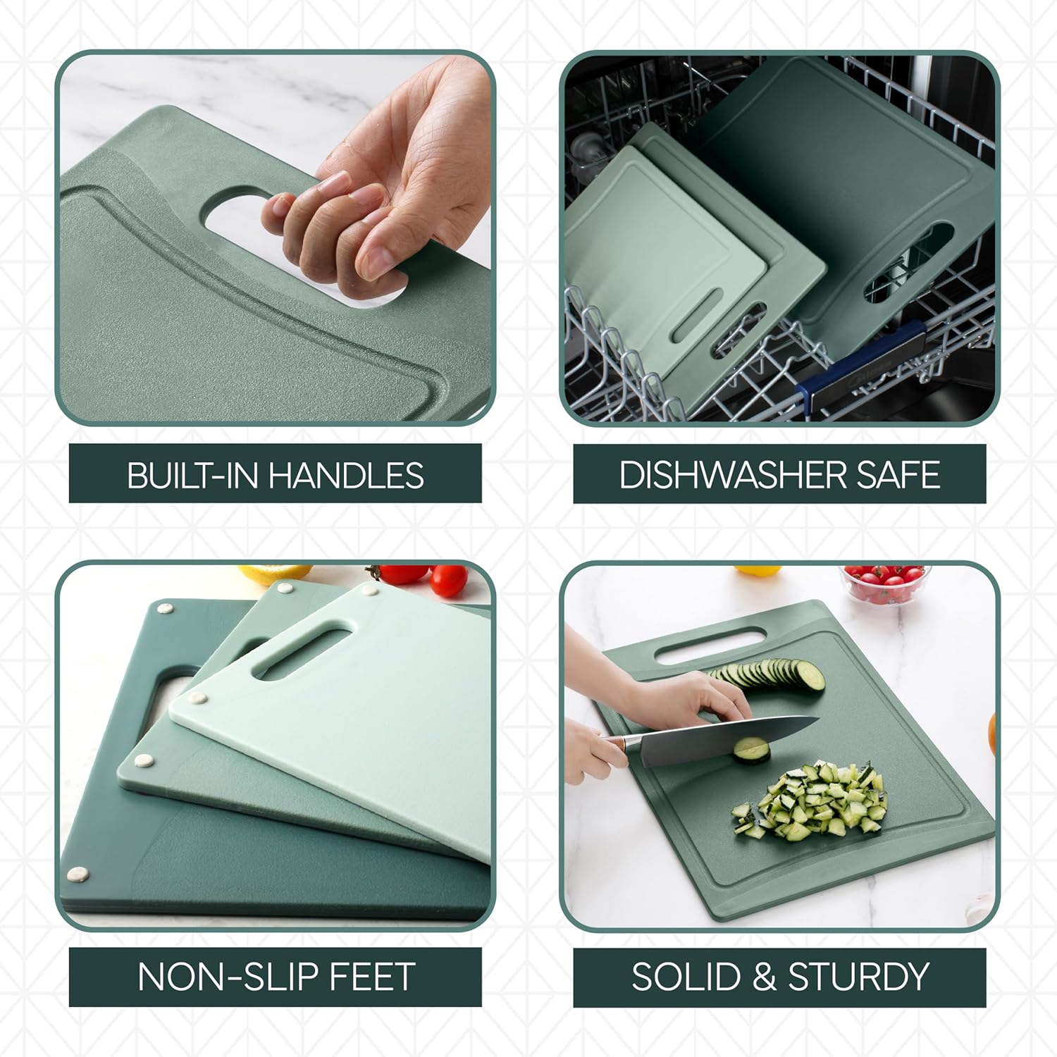 COOK WITH COLOR Non-Slip Cutting Board Set – Kitchen Essentials with Easy Grip Handle for Meat, Veggies, and Fruits, 3 Cutting Boards, Mint