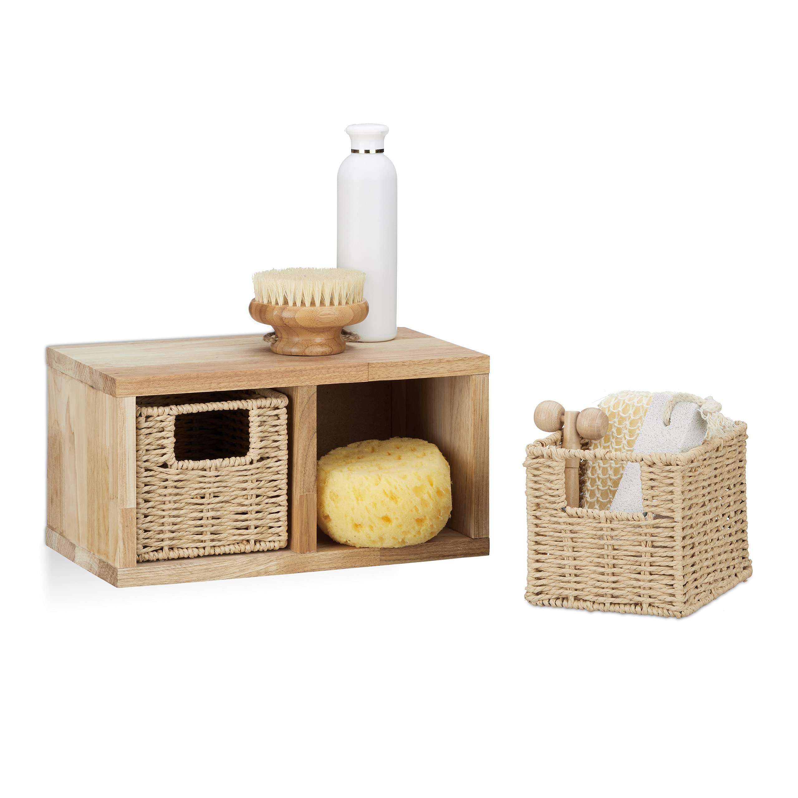 Étagère bois noyer avec corbeille amovible et deux cubes de rangement suspendus Relaxdays