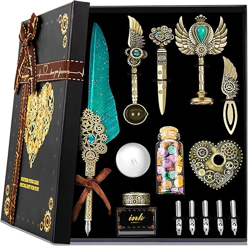 Aifeiter Juego de tinta de pluma, bolígrafo de caligrafía de plumas, sello de cera, hermoso juego de caligrafía de regalo, regalos de Navidad, color