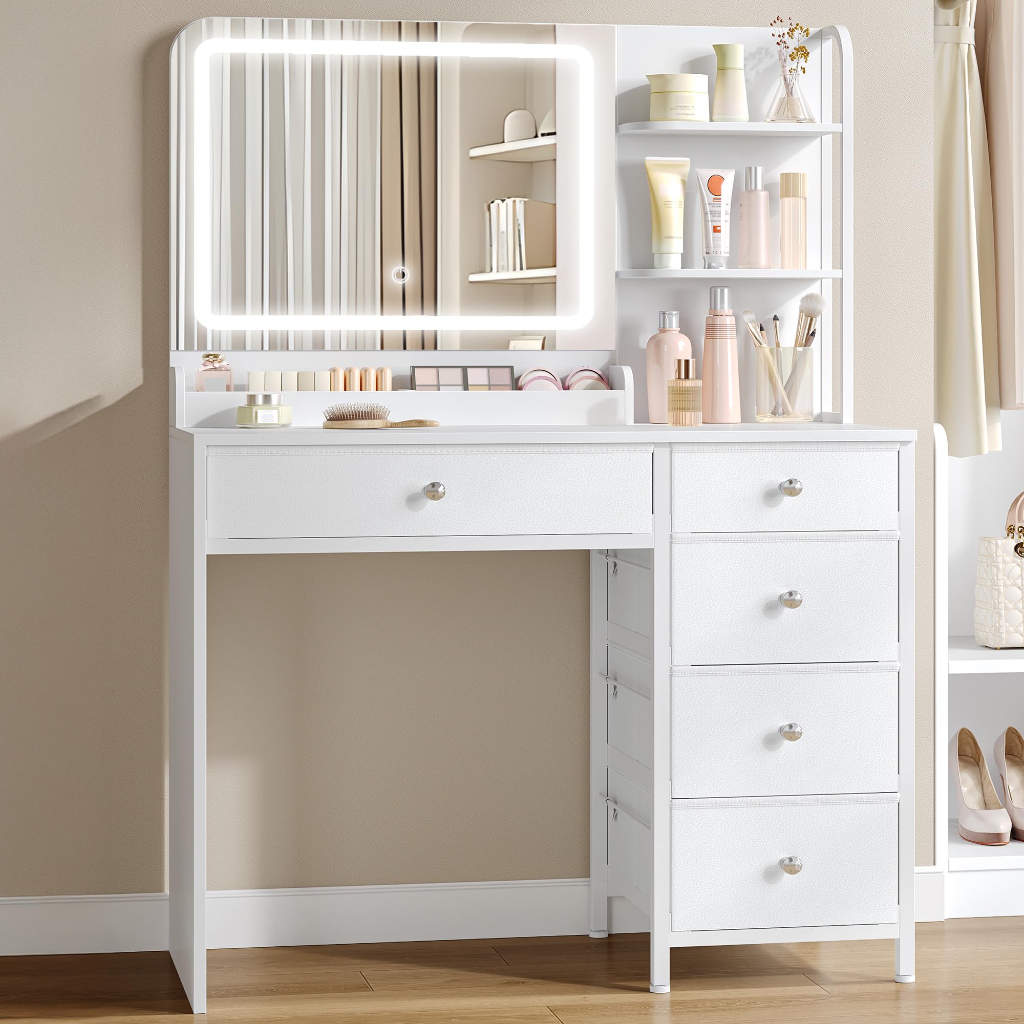 Hzuaneri Dressing Table with LED Lighting, Vanity Desk with Mirror, 5 Drawers, 2 Storage Shelves, Adjustable Brightness, Makeup Vanity Table for Bedroom White DT43903XUK