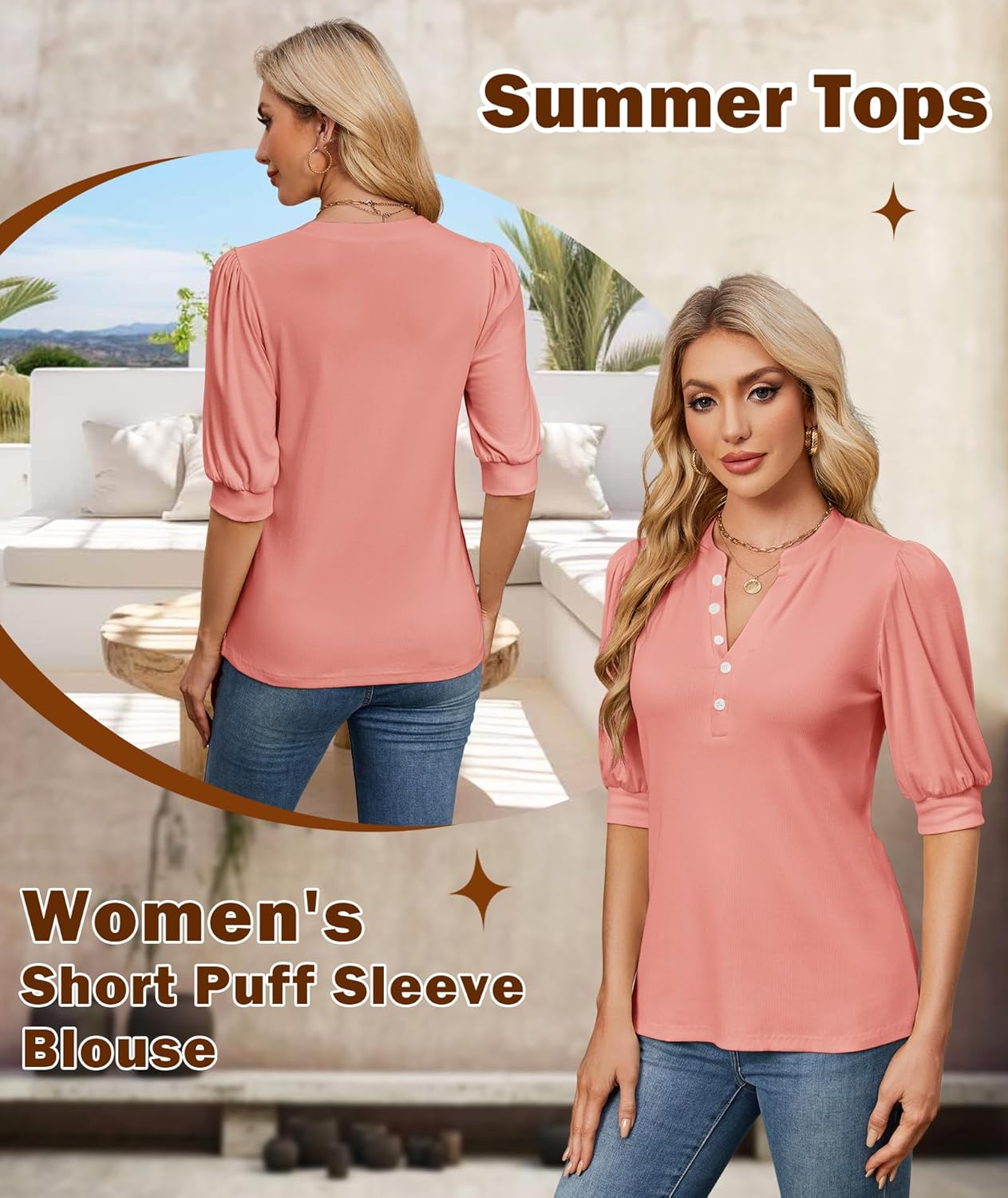 Summer Tops for Women 2026 Trendy Dressy Casual Blouse Puff Short Sleeve Shirts Knit Henley V Neck T Shirt Tunic - Image 3