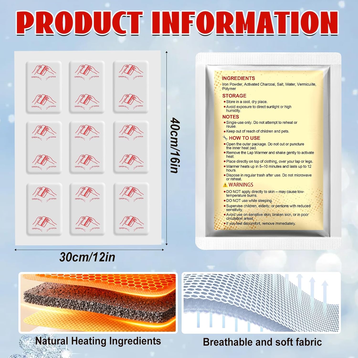 16" x 12" Extra Large Lap Warmers, Up to 12 Hours of Long Lasting Heat, Disposable Body Warmers for Football Games, Camping, Cold Weather and Temporary Emergency, Single Use, Air Activated - Image 2