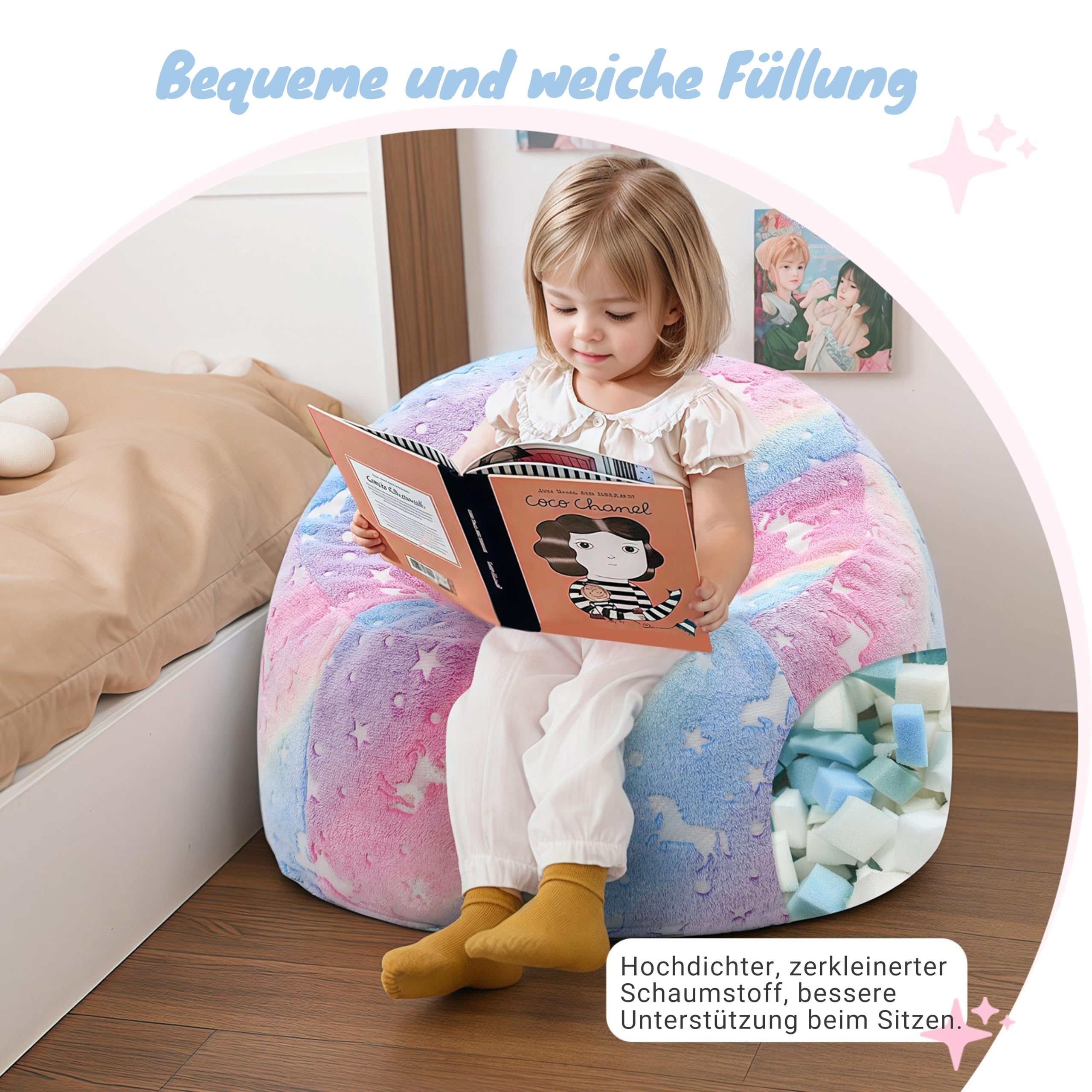 MeMoreCool Sitzsack für Kinder von 8-12 Jahren – Kinder Sitzsack Sofa mit Füllung, Bohnensack für Mädchen und Jungen, gemütlicher Bodenstuhl für Spielzimmer & Kinderzimmer, Regenbogen-Muster
