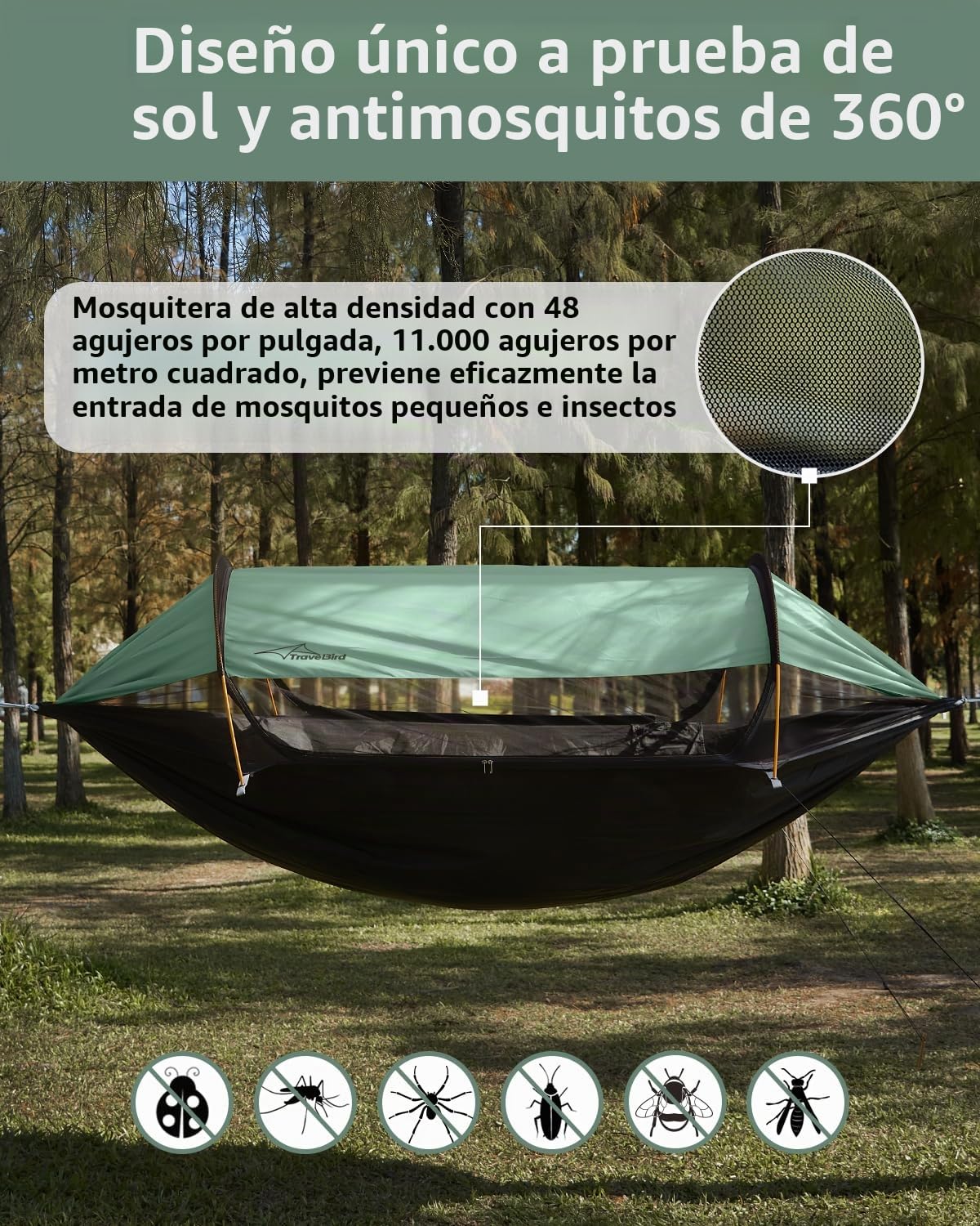 Hamaca de Camping, Tienda de Campaña con Hamaca para Acampar con Mosquitero y Sombrilla, 290x140cm, Hamacas Camping con Correas para Árboles, para Exteriores, Senderismo y Viajes