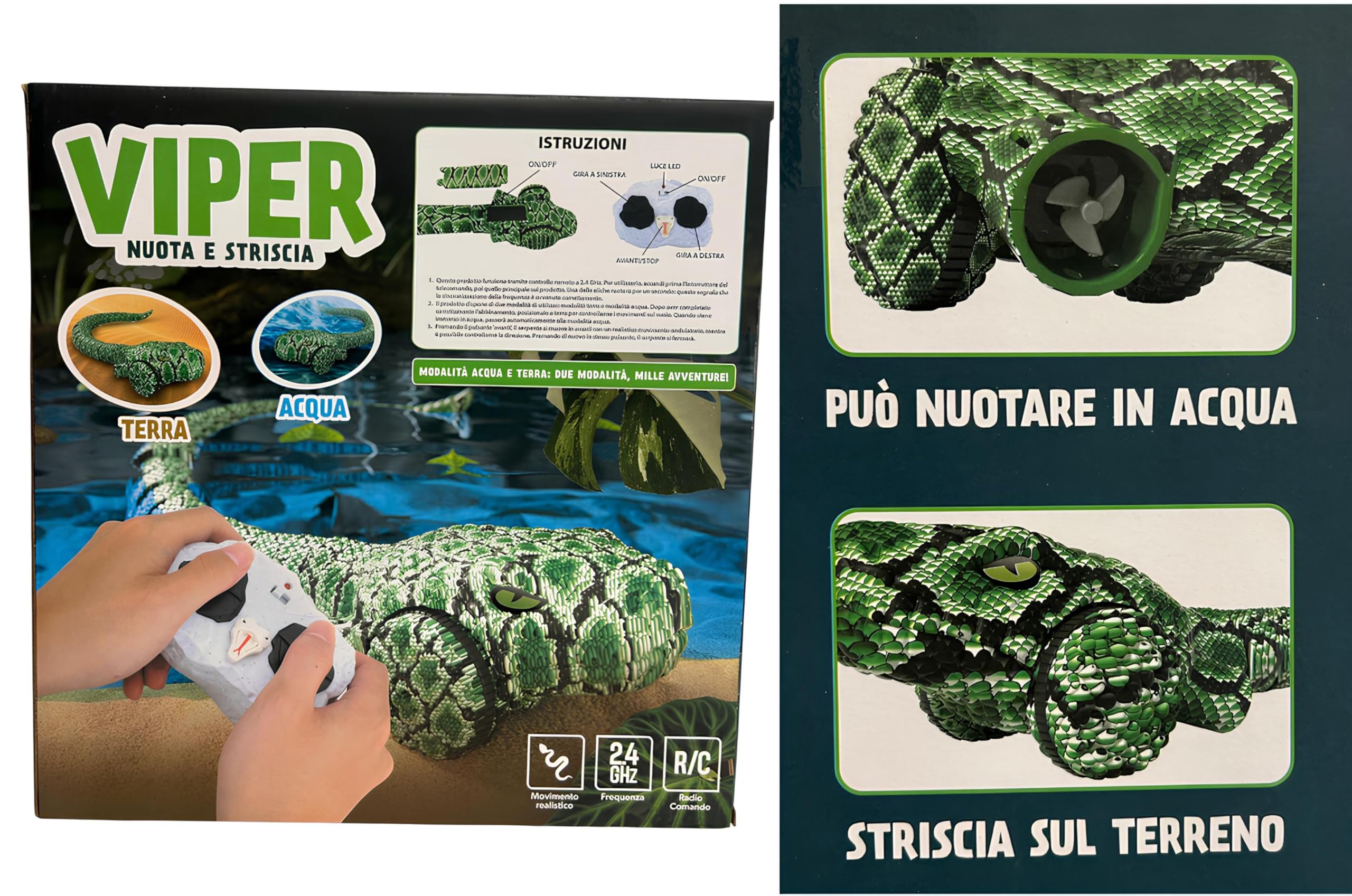 Serpente Telecomadato Versione Gigante cm 77 Striscia e Nuota Davvero Movimenti Realistici Utilizzabile su Terra e in Acqua Pitone Boa Vipera Maxi Giocattolo Multifunzione Spettacolare Scatola Regalo