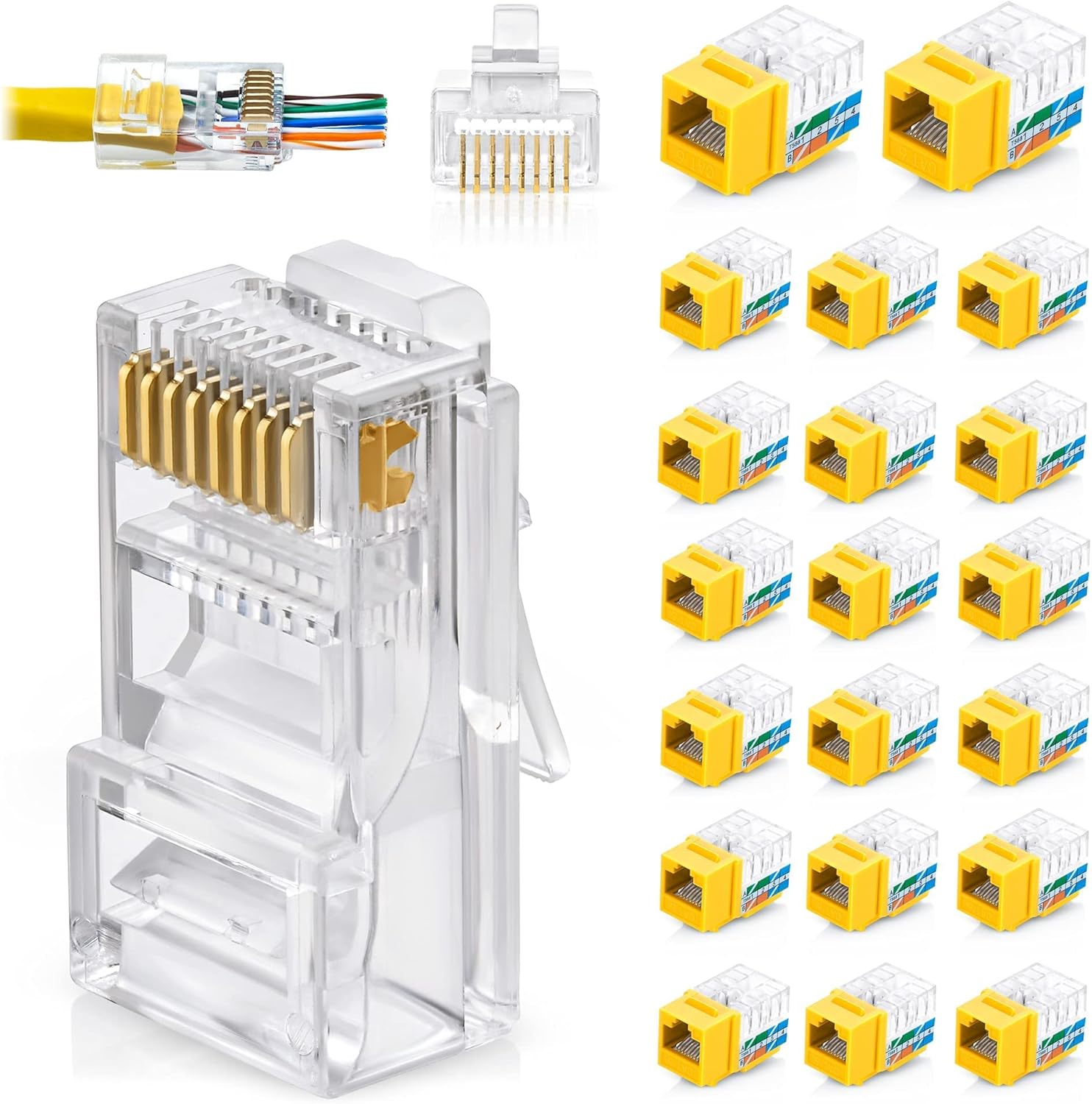 GTZ Bundle – 2 Items: RJ45 Cat6 Pass Through Connectors, Pack of 100 + RJ45 Cat6 / 5e Keystone Jacks, 20 Pack - Yellow