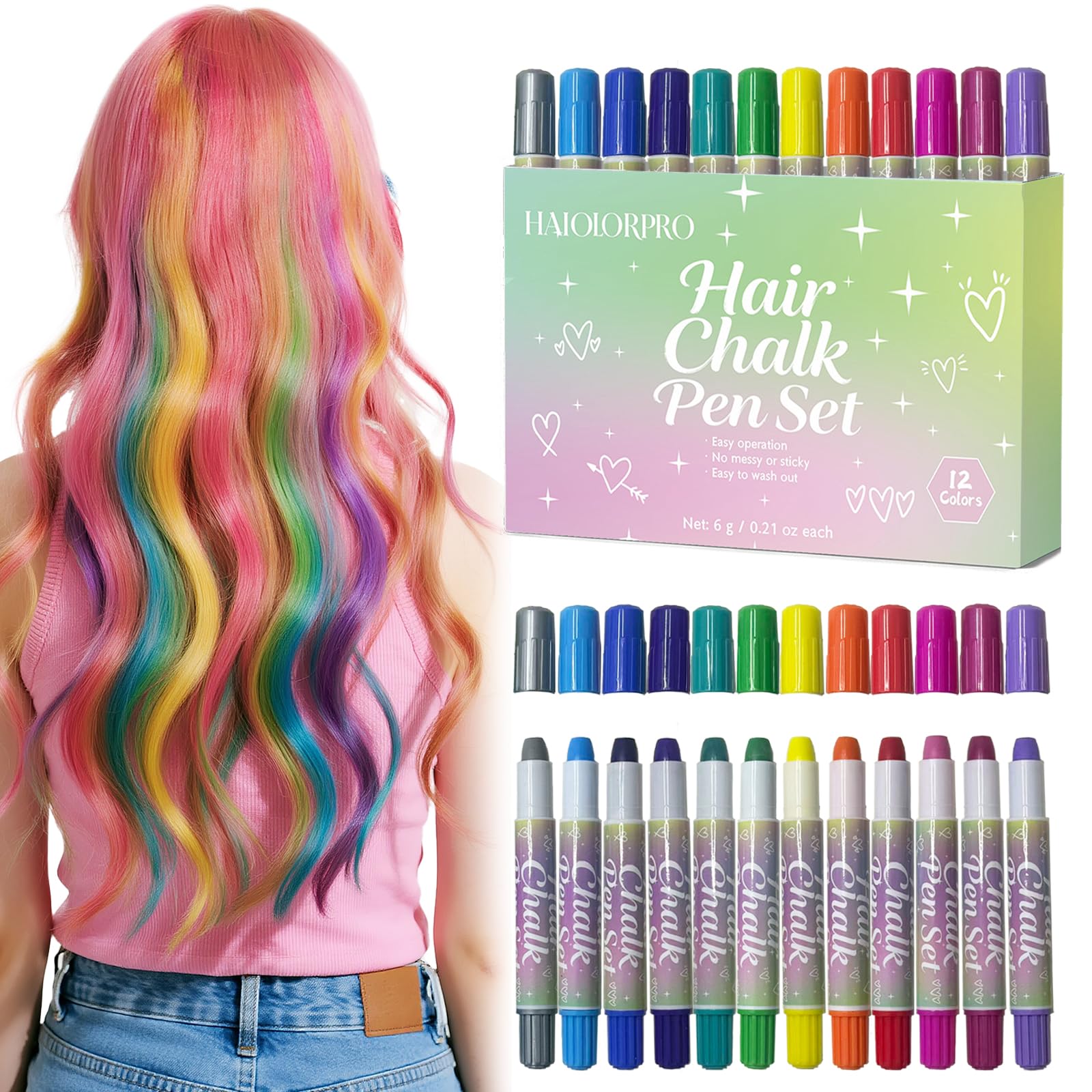 HAIOLORPRO Hair Chalk 12 Colors, Temporary Hair Color Washable, Temporary Hair Dye for Kids Women Men, Birthday Party Christmas Halloween Gifts for Teens Girls, Boys, Kids Multicolor A