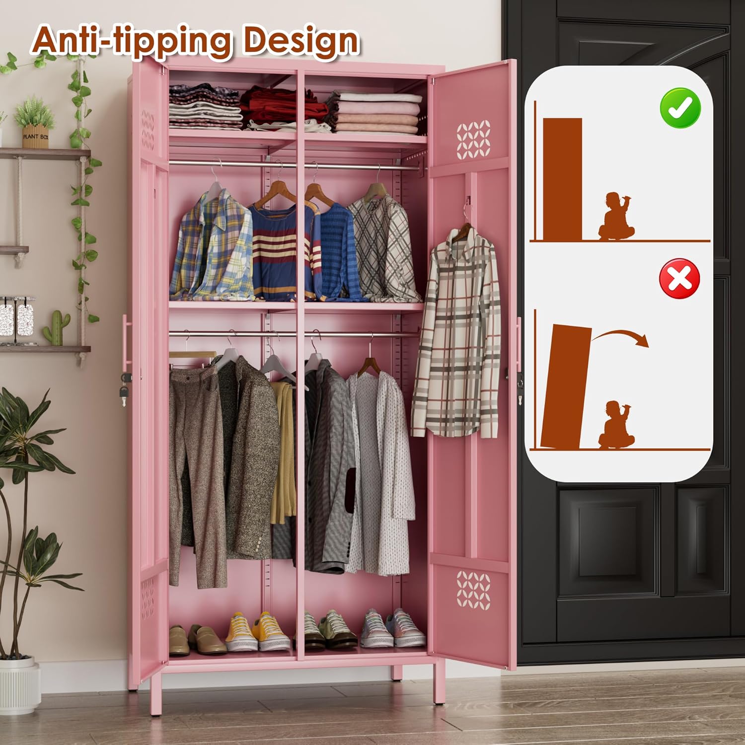 SUPEER 2 Doors Metal Storage Locker with Adjustable Shelves and 2 Hanging Rods,Deepen Metal Wardrobe Cabinet with Lock,Wardrobe Lockers for Home,Office,71" H*33.5" W*20" D,Assembly Required,Pink