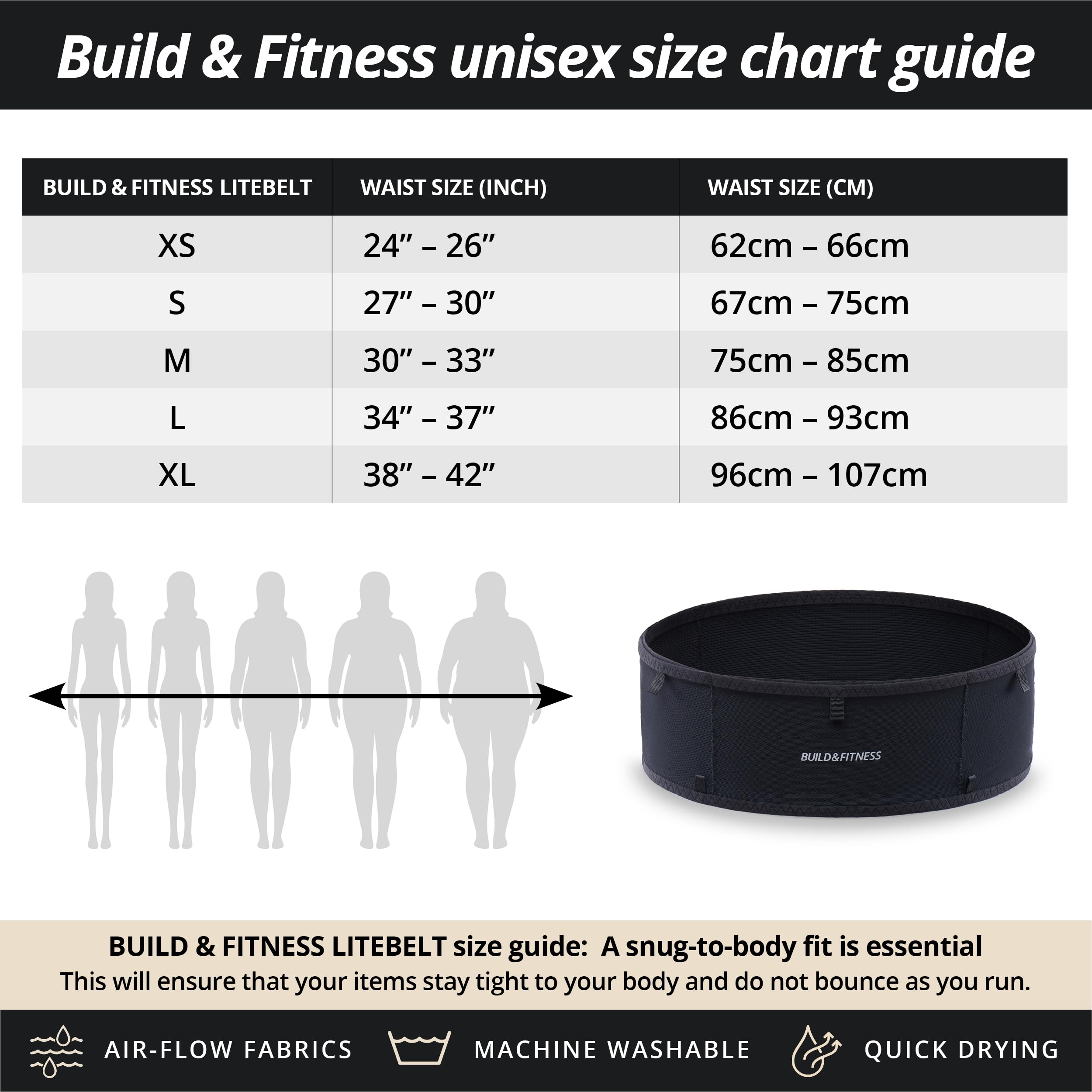 Build & Fitness LiteBelt Laufgürtel – 4 schnell zugängliche Taschen von oben – super leicht, schlank, Flip-Hüfttasche, Lauf-Handyhalter – passend für alle Größen Handys, Schlüssel, Karten, Earpods, L