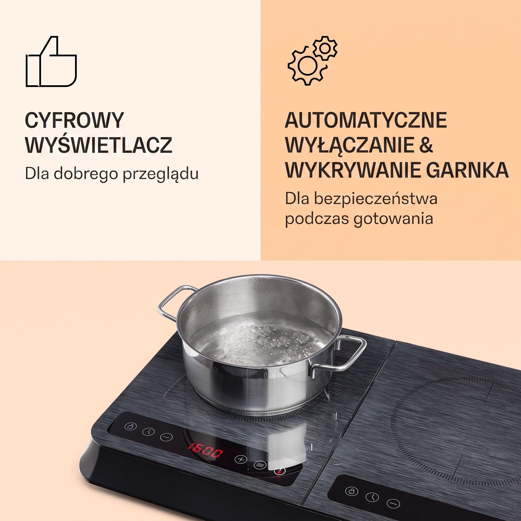 Klarstein InnoChef - Podwójna płyta indukcyjna, 3400 W, Sterowanie dotykowe, Czujnik garnka, Timer wyłączania, 10 stopni, Zabezpieczenie przed przegrzaniem, Szkło ceramiczne, czarno-szara melanż