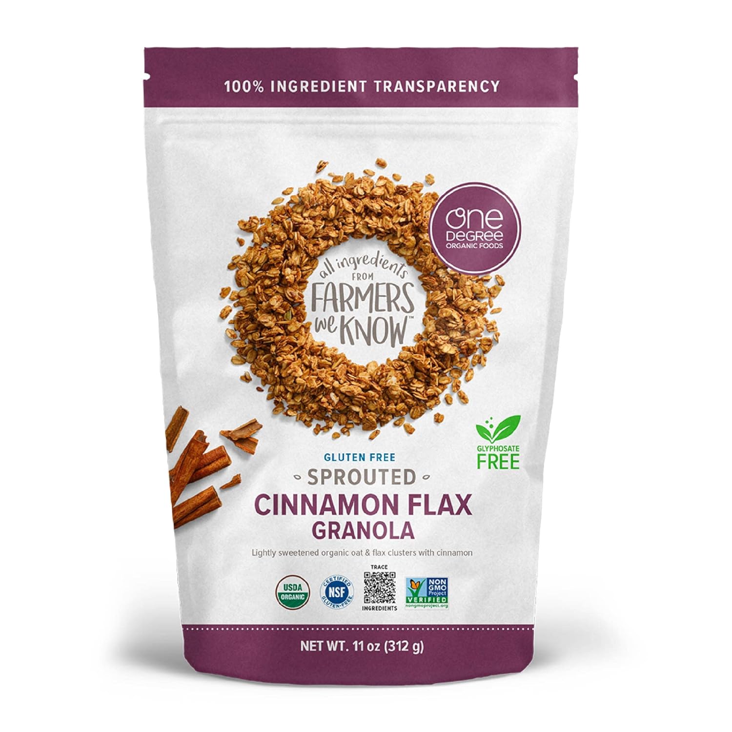 One Degree Organic Foods Sprouted Oat Cinnamon Flax Gluten Free Granola - USDA Organic, Vegan (11 oz. - 6 pack)