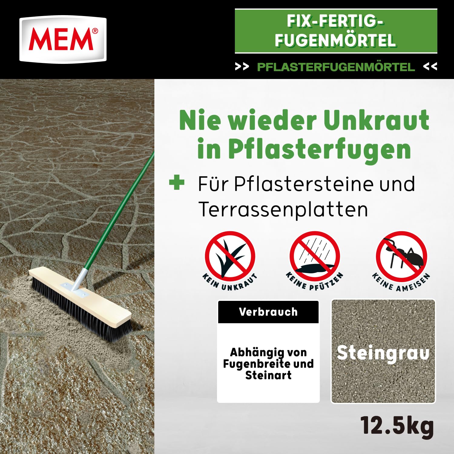 MEM Fix-Fertig-Fugenmörtel, Witterungsbeständig, Anwendungsfertig, Gegen Unkrautbewuchs, Steingrau, 12,5 kg
